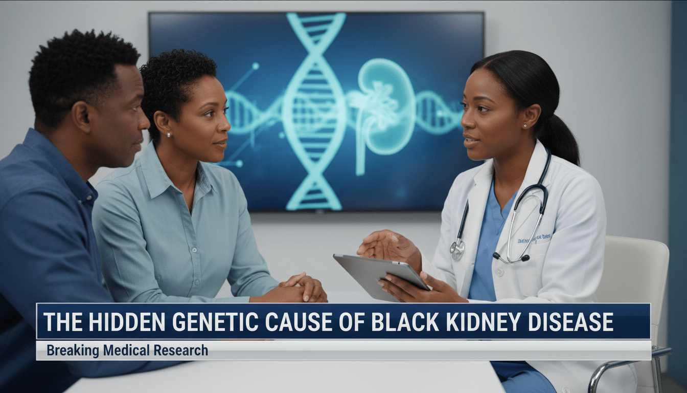 A cinematic, photorealistic news broadcast still featuring a professional African American doctor in a modern medical facility, compassionately consulting with an African American couple. In the background, a subtle, out-of-focus digital display shows a scientific DNA helix and a kidney illustration. The scene is shot with an editorial news style, high-end studio lighting, and a shallow depth of field. At the bottom of the frame, a bold, high-contrast TV news lower-third banner in navy blue and silver features crisp white text that reads exactly: "The Hidden Genetic Cause of Black Kidney Disease".