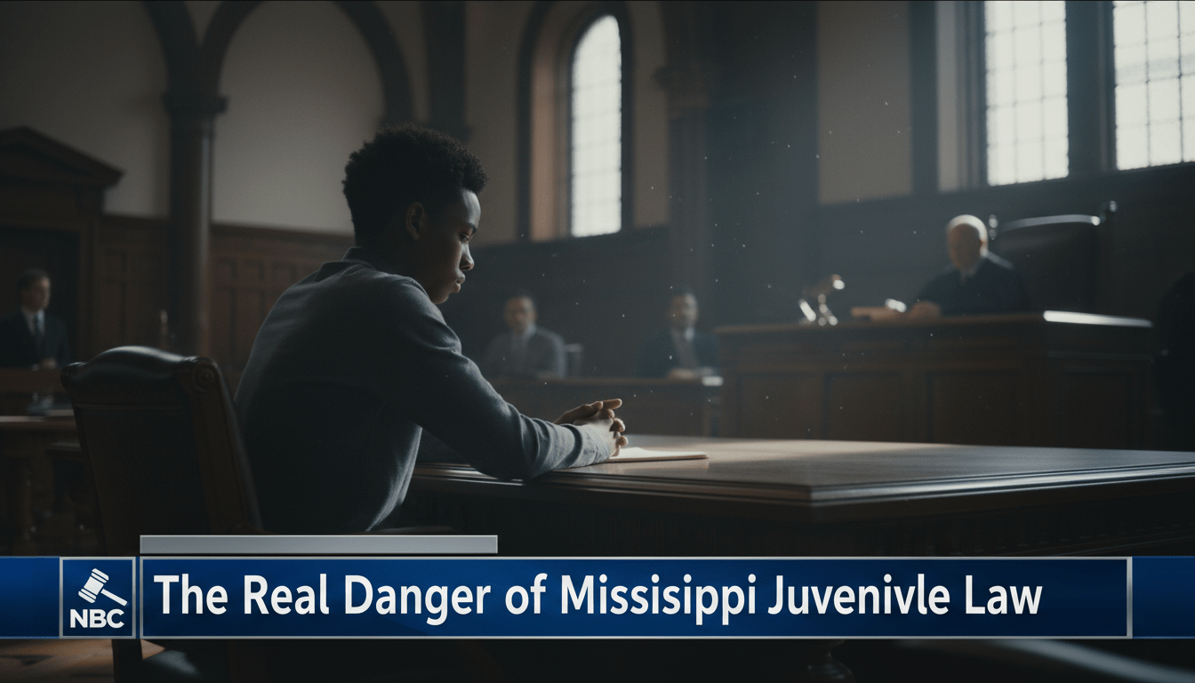 Editorial news broadcast style image. A cinematic, photorealistic shot of a solemn young African American teenager sitting at a large wooden defense table in a formal courtroom. He is depicted from the side, looking small and vulnerable against the imposing, high-ceilinged architecture of the room. The lighting is dramatic and moody, casting soft shadows to evoke a sense of gravity and weight. In the background, the blurred figures of a generic judge and legal professionals are visible, emphasizing the transition to an adult legal setting. At the bottom of the frame, there is a professional, high-contrast TV news lower-third banner in deep blue and silver. The banner features bold, legible white text that reads exactly: "The Real Danger of Mississippi Juvenile Law".