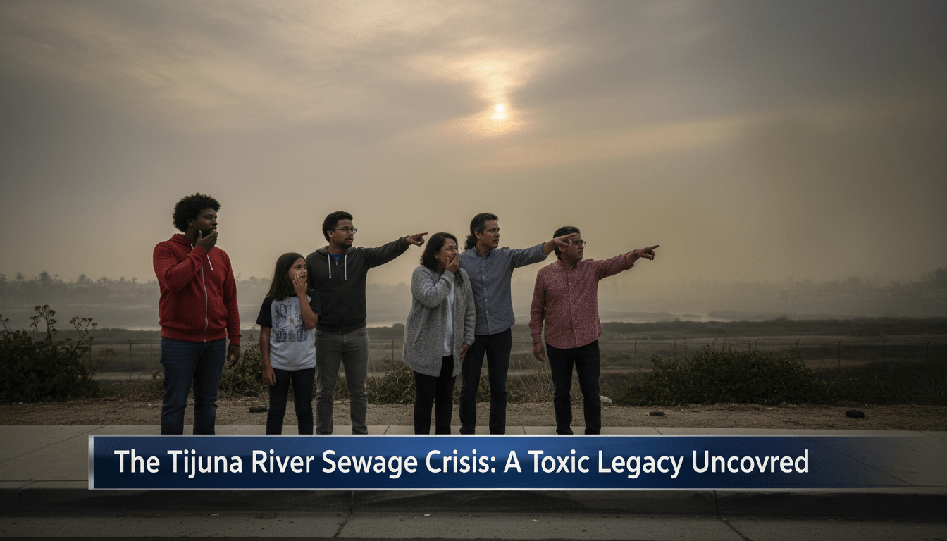 A cinematic, photorealistic news broadcast-style image showing a group of concerned residents, including an African American family and Latino neighbors, standing on a sidewalk in a South Bay residential neighborhood. In the background, a thick, yellowish haze hangs over the Tijuana River valley near the border under a somber, late-afternoon sky, visually representing a public health emergency. The composition is an editorial-style wide shot with a professional news aesthetic. At the bottom of the frame, a bold, high-contrast TV-news lower-third banner with a sleek dark blue and silver gradient is overlaid. The banner features crisp, white, bold legible text that reads exactly: "The Tijuana River Sewage Crisis: A Toxic Legacy Uncovered".