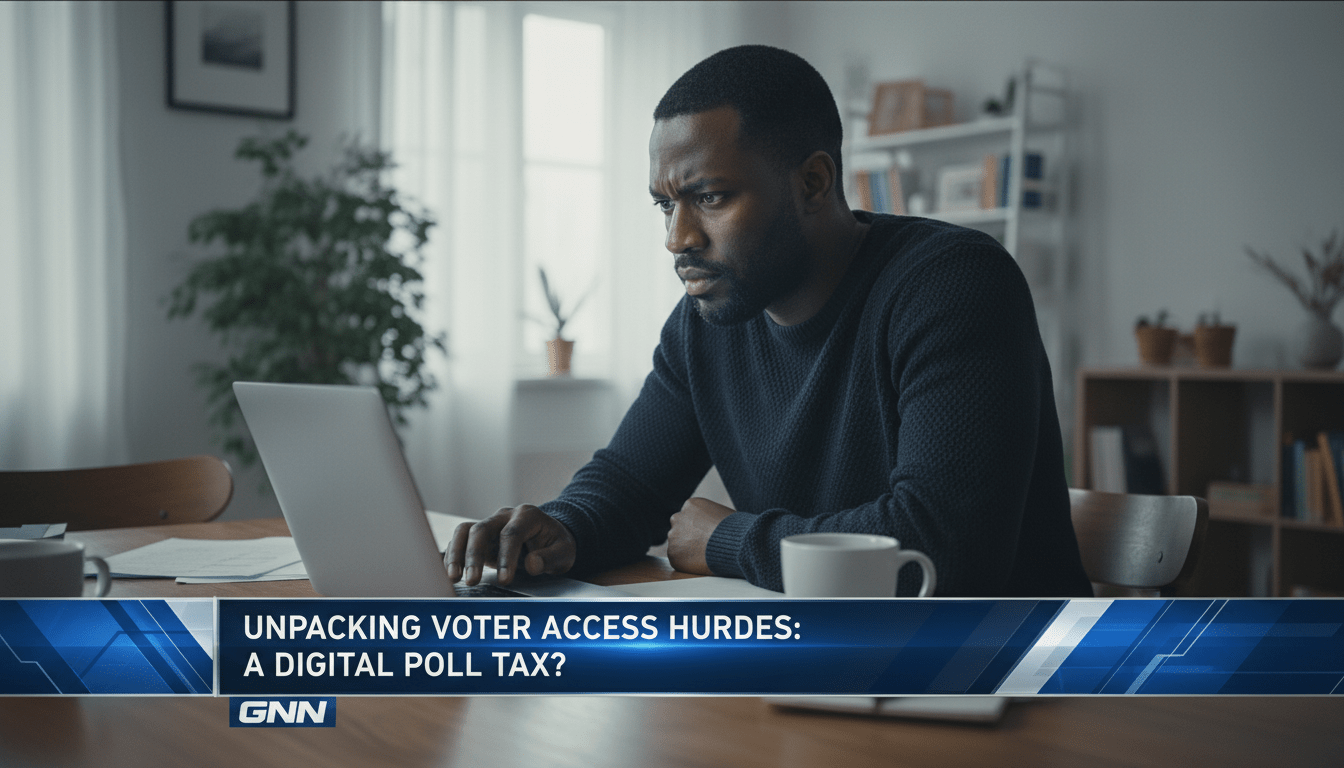 Cinematic, photorealistic editorial news shot of an African American man in a domestic setting, seated at a table and looking with focused concern at a laptop screen. The lighting is soft and natural, emphasizing a serious and reflective mood. The background is a slightly out-of-focus home interior. At the bottom of the frame, there is a bold, high-contrast TV-news style lower-third banner with professional graphics. The text on the banner reads exactly: "Unpacking Voter Access Hurdles: A Digital Poll Tax?". The overall image should have the high-quality, sharp look of a professional television news broadcast still.