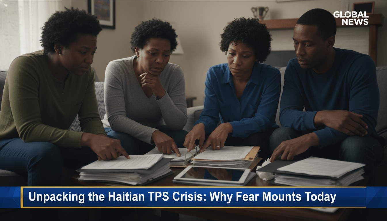 A cinematic, photorealistic editorial news-style image of a Haitian-American family sitting together in a living room, looking solemn and concerned while reviewing legal documents. The subjects are Black and reflect the Haitian diaspora, with expressions of deep apprehension. The lighting is soft and naturalistic, creating a serious and emotional atmosphere. The image is framed as a professional news broadcast. At the bottom of the screen, there is a high-quality, bold TV news lower-third banner with a professional blue and gold gradient background. The text on the banner is high-contrast, bold, and highly legible, reading exactly: "Unpacking the Haitian TPS Crisis: Why Fear Mounts Today"