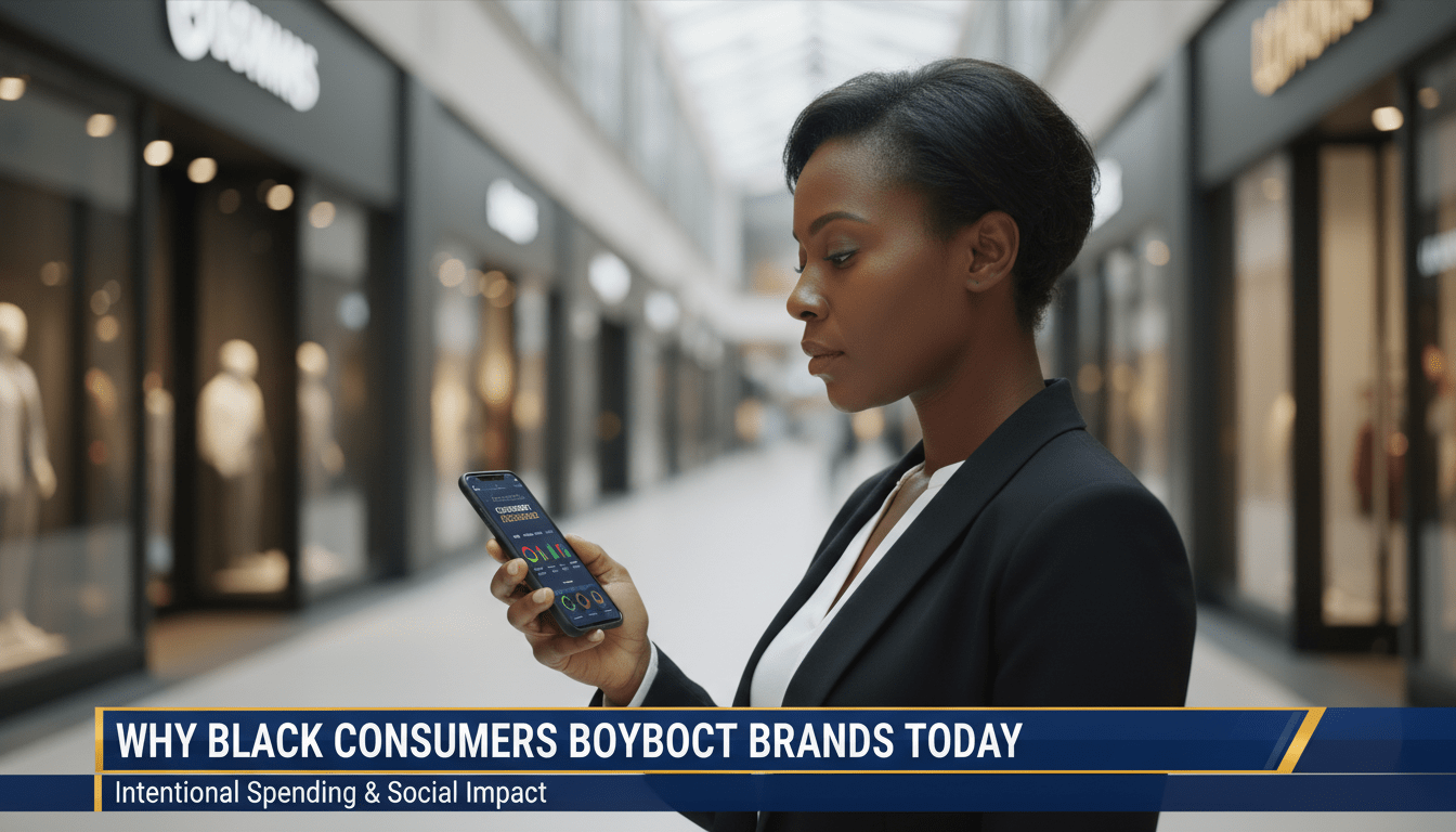 Cinematic, photorealistic editorial news shot of a thoughtful African American woman in her 30s standing in a modern, brightly lit urban shopping district. She is looking at her smartphone, which displays a digital consumer scorecard, symbolizing intentional spending. In the background, blurred retail storefronts represent the corporate landscape. The lighting is professional and dramatic with a shallow depth of field. At the bottom of the frame, a sharp, high-contrast TV news lower-third graphic with a navy blue and gold color scheme. The banner contains bold, white, legible text that reads exactly: "Why Black Consumers Boycott Brands Today"