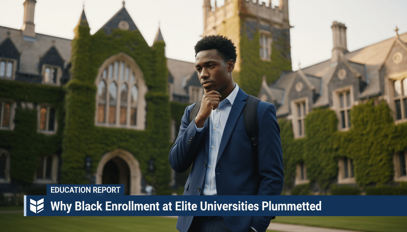 Cinematic, photorealistic editorial news shot of a thoughtful African American university student standing on a prestigious, traditional campus featuring grand Gothic-style architecture and ivy-covered stone walls. The scene is framed in a professional news broadcast style with a shallow depth of field and soft, natural afternoon lighting. In the lower portion of the frame, there is a sleek, professional TV-news style lower-third banner graphic with a high-contrast dark blue and white color scheme. The banner features bold, legible text that reads exactly: "Why Black Enrollment at Elite Universities Plummeted". The overall mood is serious and contemplative, reflecting a major shift in the academic landscape.