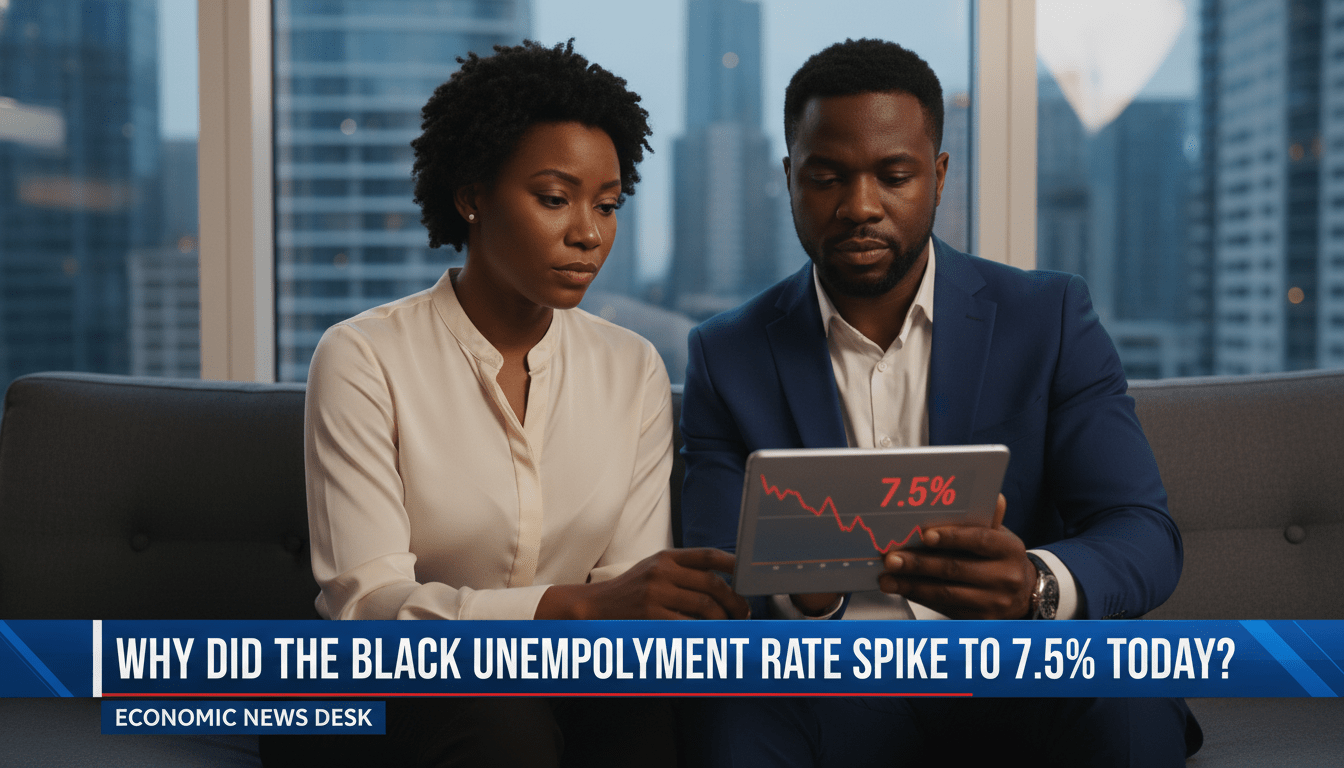 Cinematic, photorealistic editorial news broadcast shot of a concerned African American professional man and woman sitting in a modern home office, looking at a digital tablet showing economic data. The lighting is soft and natural, with a shallow depth of field blurring a city skyline in the background. The mood is serious and reflective. At the bottom of the frame is a bold, high-contrast TV news-style lower-third banner with professional graphics. The text on the banner is large, legible, and reads exactly: "Why Did the Black Unemployment Rate Spike to 7.5% Today?". 8k resolution, sharp focus, news documentary aesthetic.