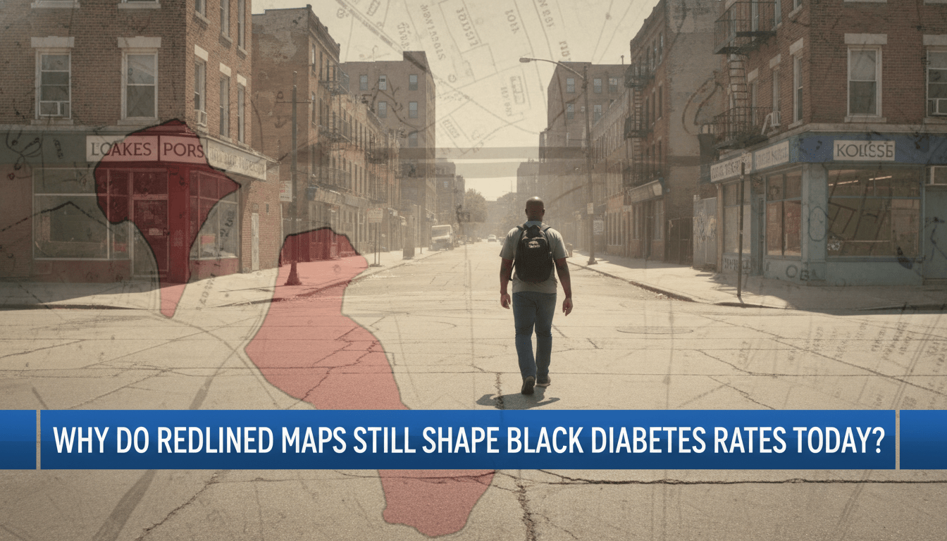 Cinematic, photorealistic editorial news shot. In the background, an African American man walks through a sun-drenched urban neighborhood characterized by a lack of trees, cracked pavement, and older brick infrastructure, reflecting a "heat island" environment. A faint, translucent 1930s vintage residential security map with distinct red-shaded zones is artistically overlaid across the cityscape. The lighting is dramatic and high-quality, typical of a professional news broadcast. At the bottom of the frame is a bold, professional TV-news lower-third banner in high-contrast blue and white. The text on the banner reads exactly: "Why Do Redlined Maps Still Shape Black Diabetes Rates Today?"