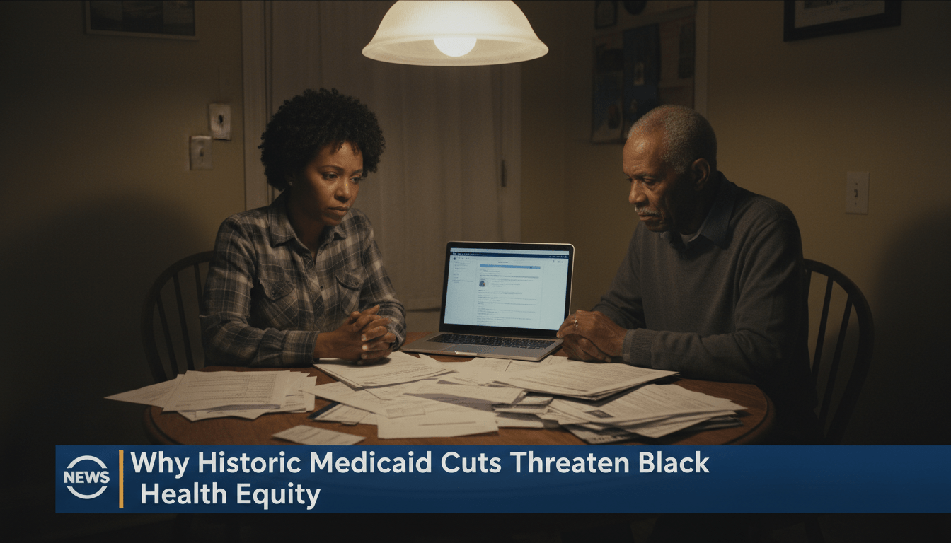 A cinematic, photorealistic editorial news shot of a concerned African American family—a mother and her elderly father—sitting at a kitchen table in a modestly lit home. They are surrounded by stacks of official government paperwork and a laptop, reflecting the stress of complex healthcare reporting requirements. The mood is somber and serious. The image is framed as a high-quality television news broadcast. At the bottom of the screen, there is a bold, professional TV news lower-third banner with high-contrast white text on a dark rectangular background that reads exactly: "Why Historic Medicaid Cuts Threaten Black Health Equity"