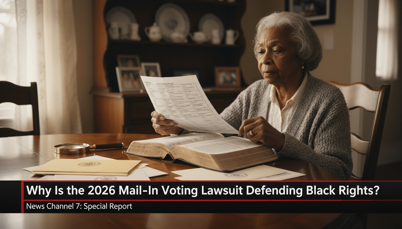 A cinematic, photorealistic news broadcast-style image. The scene features a dignified elderly African American woman sitting at a warm wooden kitchen table, representing the historical context of the story. She is carefully examining a mail-in voting ballot alongside a weathered, antique family Bible with handwritten genealogical entries. Beside her are official government envelopes and a magnifying glass. The lighting is soft and editorial, focusing on the textures of the old paper and her thoughtful, determined expression. The background is slightly blurred to emphasize the subject. In the lower third of the frame, there is a professional, high-contrast TV news banner with bold, legible text that reads exactly: "Why Is the 2026 Mail-In Voting Lawsuit Defending Black Rights?". 8k resolution, documentary photography style, high-quality news graphics.