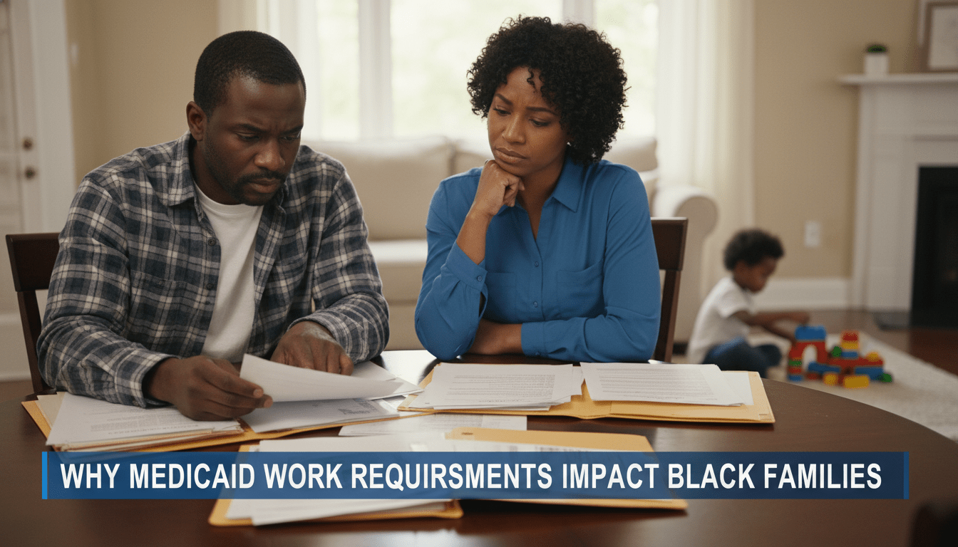 Editorial news style, cinematic photorealistic photography. A medium shot of an African American mother and father sitting at a kitchen table in a well-lit home, looking concerned while reviewing a stack of official government documents and paperwork. The scene conveys a sense of serious deliberation. In the soft-focus background, a young child is playing quietly. The composition is framed for a television broadcast. At the bottom of the image, there is a professional, bold TV-news style lower-third graphics banner in high-contrast blue and white. The banner features crisp, legible text that reads: "Why Medicaid Work Requirements Impact Black Families". 8k resolution, sharp focus on the subjects and the text overlay.