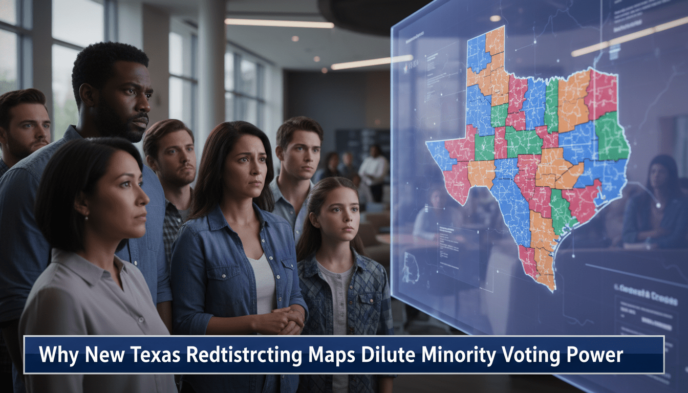 Cinematic photorealistic editorial news illustration. A group of diverse citizens, including an African American man and a Latina woman, stand in a modern, brightly lit community center, looking with concern at a large, translucent digital screen displaying a complex, multi-colored map of Texas. The map is divided into intricate, jagged, jigsaw-like voting districts. The lighting is professional and soft, using a news broadcast aesthetic with a shallow depth of field. At the bottom of the frame, there is a bold, high-contrast TV news lower-third banner in navy blue and silver. The banner contains the exact text in a clean, white sans-serif font: "Why New Texas Redistricting Maps Dilute Minority Voting Power".