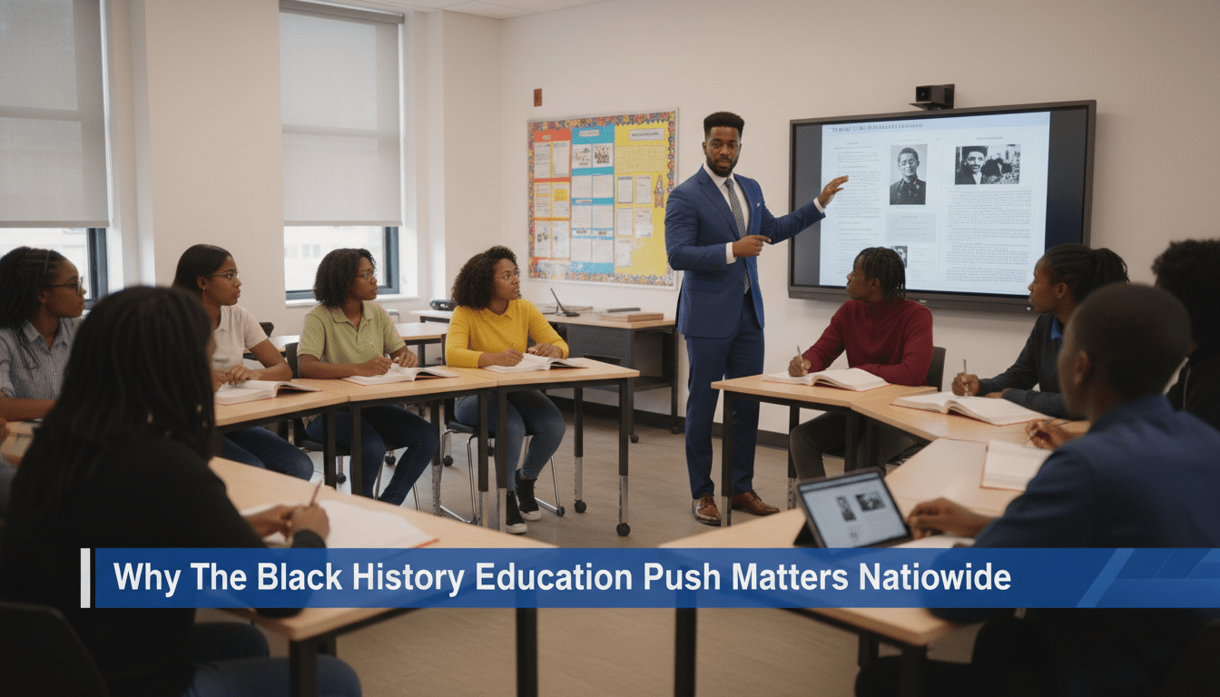 Cinematic news broadcast style shot of a professional African American educator in a modern, brightly lit classroom, leading an engaging discussion with a group of attentive African American high school students. The teacher is gesturing toward a digital screen displaying historical documents, while students have open textbooks and tablets on their desks. The atmosphere is scholarly, empowering, and focused. The composition uses a shallow depth of field with a high-quality editorial aesthetic. At the bottom of the frame, there is a bold, professional TV-news lower-third banner in high-contrast blue and white, featuring the exact text: "Why The Black History Education Push Matters Nationwide". Photorealistic, 8k resolution, studio lighting.