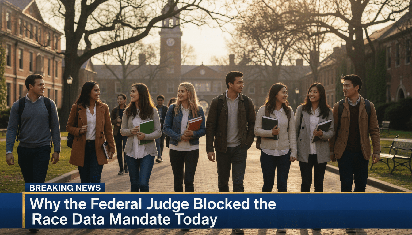 A cinematic, photorealistic editorial news shot of a diverse group of college students, including African American young adults, walking across a sunlit, prestigious university campus with brick buildings in the background. The lighting is soft and professional, mimicking a high-end news broadcast. In the lower third of the frame, there is a bold, high-contrast professional TV-news graphic banner. The banner is dark blue with a gold accent line, and it features crisp, white, legible text that reads exactly: "Why the Federal Judge Blocked the Race Data Mandate Today".