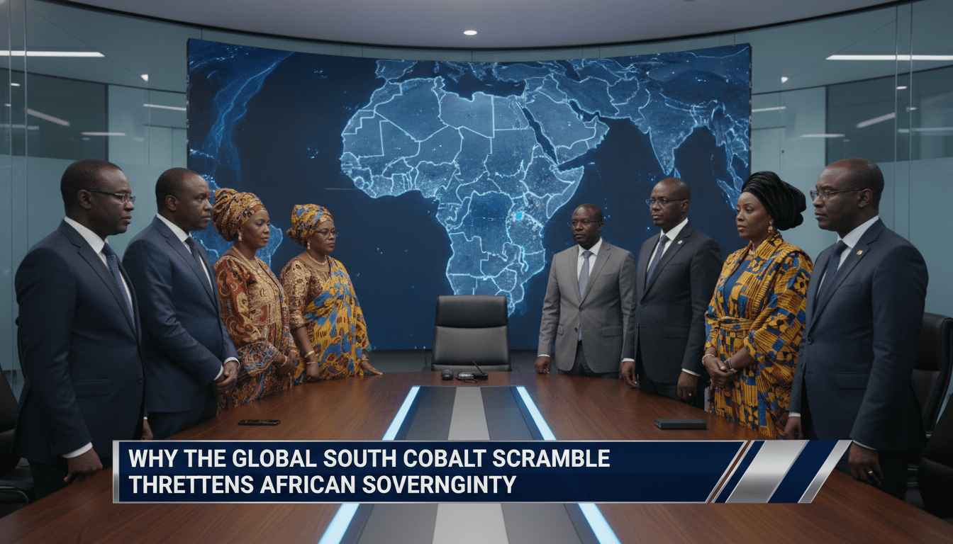 Editorial news broadcast style, a cinematic wide shot of a group of professional African diplomats and leaders in business suits and traditional attire standing in a modern, high-tech boardroom in Addis Ababa. In the background, a large digital screen shows a map of the African continent with glowing blue and silver metallic veins representing mineral deposits. The mood is serious and focused. Across the bottom of the frame is a bold, professional TV-news lower-third banner, high-contrast and sharp, featuring the exact text: "Why the Global South Cobalt Scramble Threatens African Sovereignty".