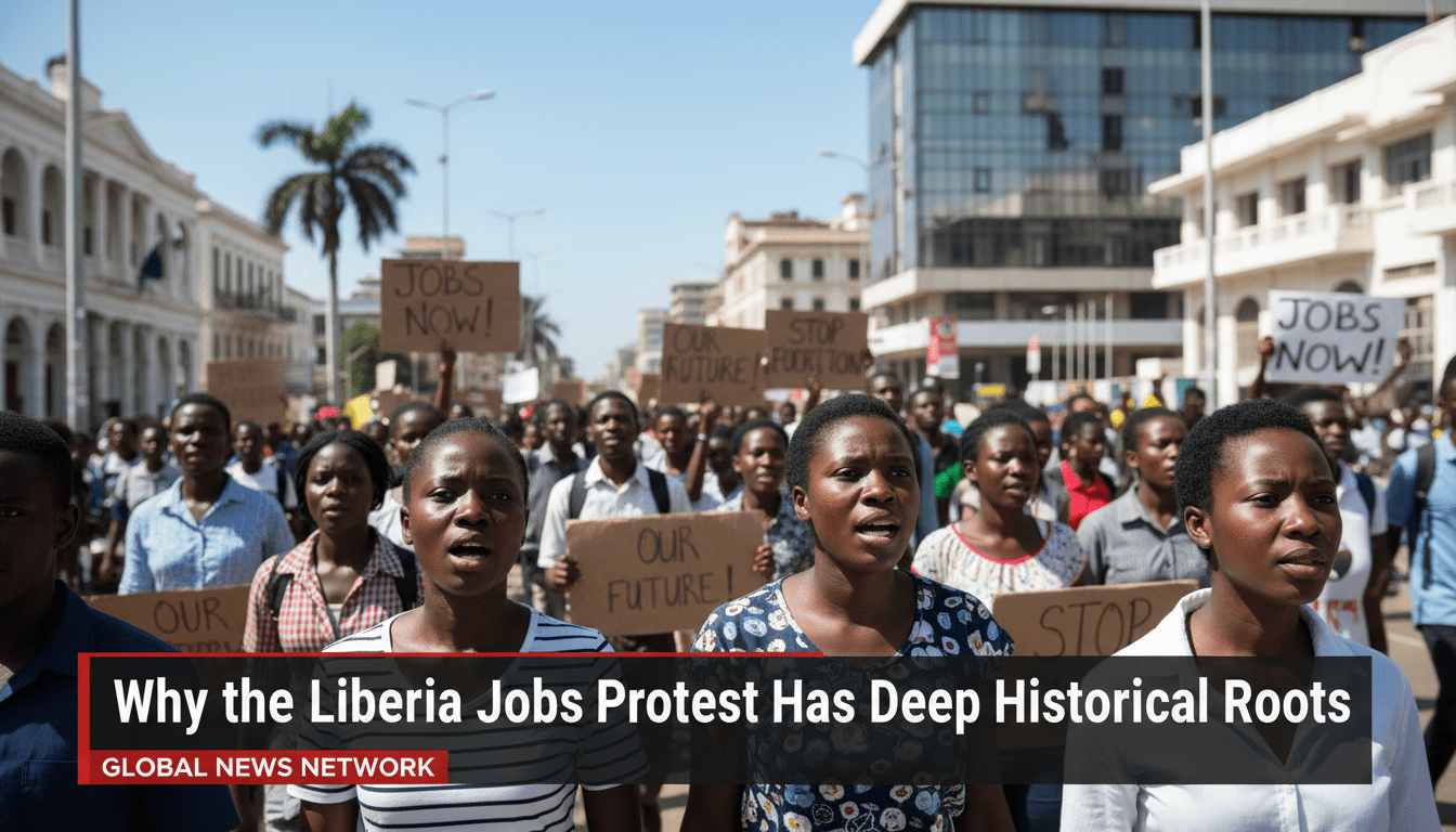 A cinematic, photorealistic wide shot in an editorial news broadcast style, depicting a large, peaceful demonstration on a sun-drenched urban street in Monrovia, Liberia. The scene features a diverse group of West African student activists and citizens, primarily young adults, marching with determined and passionate expressions. The background shows the bustling architecture of a West African capital city under a bright, clear sky. The framing is a professional medium-wide shot with a shallow depth of field, focusing on the resolve of the marchers. At the bottom of the image, there is a bold, high-contrast TV news lower-third banner with professional graphics. The banner features large, legible white text on a dark, translucent background that reads exactly: "Why the Liberia Jobs Protest Has Deep Historical Roots"