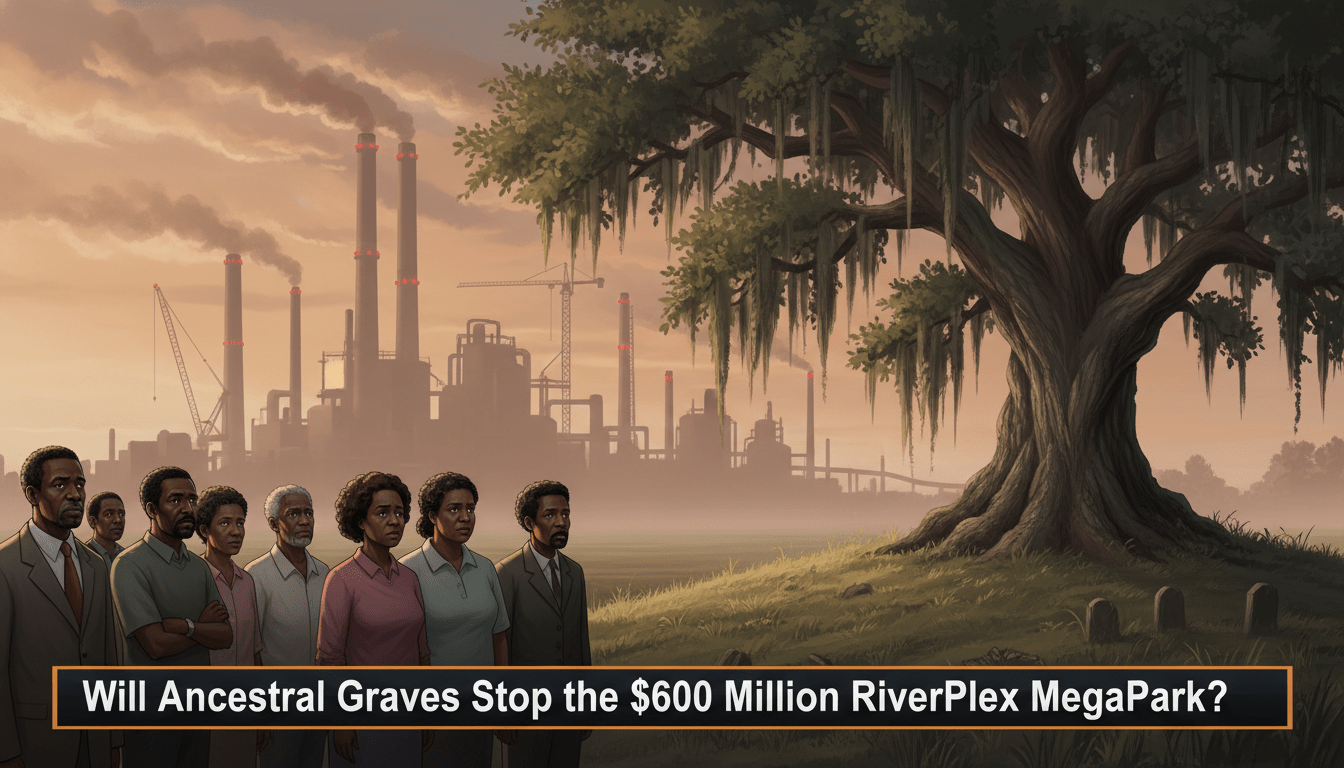 A cinematic, photorealistic news-style illustration. In the foreground, a group of solemn African American community members, including elders and younger adults, stand with dignity on a grassy, rural landscape in Louisiana. Beside them stands a massive, ancient live oak tree draped in Spanish moss, signifying a sacred and historic site. In the distance, the hazy, looming silhouettes of a massive industrial complex with smokestacks and construction cranes rise against a dramatic, late-afternoon sky. The atmosphere is somber and editorial. Across the bottom of the image, there is a professional, high-contrast TV news lower-third banner with bold, legible white text on a dark translucent background that reads exactly: "Will Ancestral Graves Stop the $600 Million RiverPlex MegaPark?"