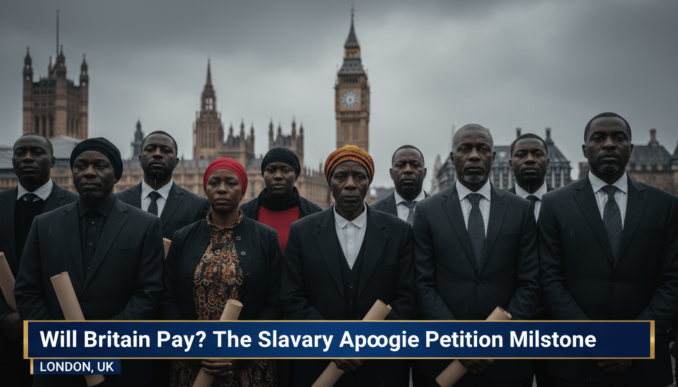 Editorial news photography, wide-angle cinematic shot. A diverse and dignified group of Black British citizens, representing various generations including elders and young activists, stands solemnly in front of the blurred but recognizable Gothic architecture of the UK Houses of Parliament and Big Ben in London. The lighting is dramatic and overcast, reflecting a serious and historic moment. The composition is framed as a professional news broadcast still. Across the bottom of the frame is a bold, high-contrast TV news lower-third banner in deep blue and gold. On the banner, the text in a clean, white, bold sans-serif font reads exactly: "Will Britain Pay? The Slavery Apology Petition Milestone". High resolution, 8k, photorealistic, editorial style.