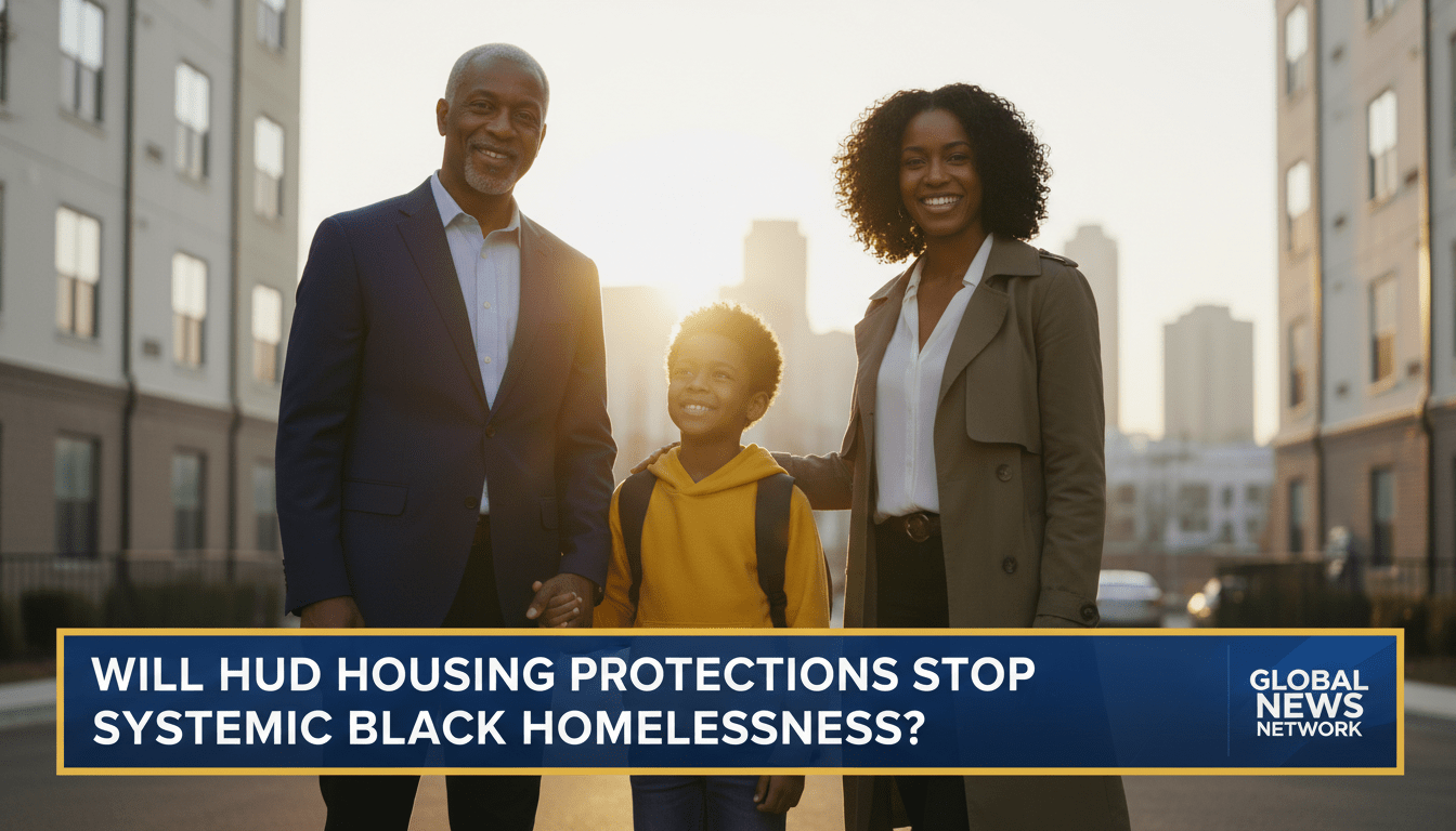 Cinematic, photorealistic editorial news shot of a multi-generational African American family—a grandfather, a mother, and a young son—standing together in front of a clean, modern apartment complex during a bright, hopeful sunrise. The family looks optimistic and stable, representing the impact of fair housing protections. The lighting is warm and professional, styled like a high-end broadcast news segment with a shallow depth of field focusing on the family. Across the bottom of the image, there is a bold, high-contrast TV news lower-third banner in dark blue and gold. The text on the banner is written in a clean, white, bold sans-serif font and reads exactly: "Will HUD Housing Protections Stop Systemic Black Homelessness?"