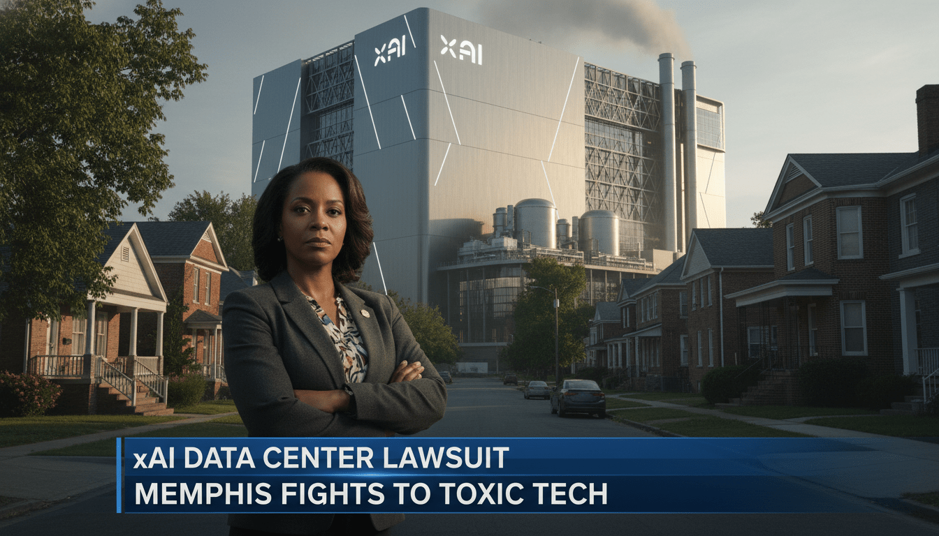 Editorial-style photorealistic news broadcast frame. In the foreground, a determined African American community advocate stands in a residential neighborhood featuring historic modest homes. In the background, a massive, modern high-tech data center facility looms, equipped with several industrial natural gas turbines and exhaust stacks that release a faint, hazy smog into the air. The lighting is cinematic and solemn, highlighting the contrast between the local community and the industrial complex. At the bottom of the frame, there is a bold, high-contrast TV news lower-third banner with white legible text on a professional dark blue background that reads: "xAI Data Center Lawsuit: Memphis Fights Toxic Tech". 8k resolution, cinematic wide-angle shot.