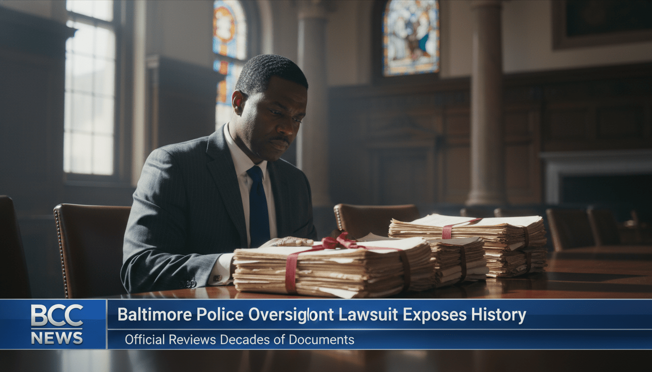 Cinematic, photorealistic editorial news broadcast shot. An African American male official in a professional suit sits at a polished mahogany boardroom table in a solemn, sun-drenched city hall hearing room. He is looking down thoughtfully at a thick stack of legal documents and historical records. The background shows the blurred architectural details of a grand municipal building with dark wood paneling. The lighting is dramatic and serious, emphasizing a mood of accountability and historical weight. At the bottom of the frame, there is a professional, high-quality TV news lower-third banner in blue and silver with bold, legible white text that reads: "Baltimore Police Oversight Lawsuit Exposes History".