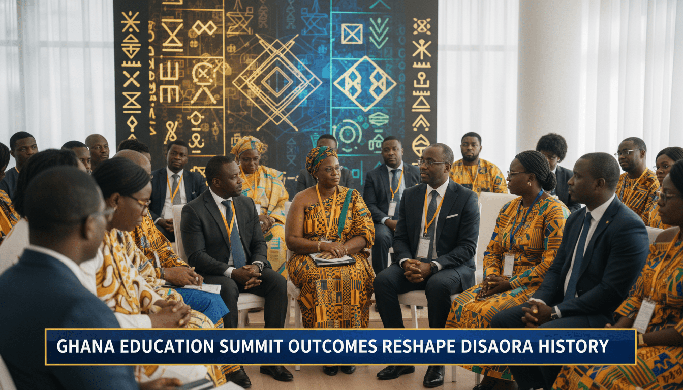 Editorial news broadcast photography of a diverse group of African and African American educators and scholars engaged in a visionary discussion within a modern, sunlit conference hall in Accra, Ghana. The scene is cinematic and scholarly, featuring individuals of the African diaspora dressed in a mix of professional business attire and traditional Kente-patterned garments. In the background, a large digital display shows a blend of ancient African mathematical symbols and modern geometric fractals. The framing is wide and editorial, captured with a shallow depth of field. At the bottom of the frame, a professional, high-contrast TV news lower-third banner in deep blue and gold features the exact text in a bold, white, legible sans-serif font: "Ghana Education Summit Outcomes Reshape Diaspora History".