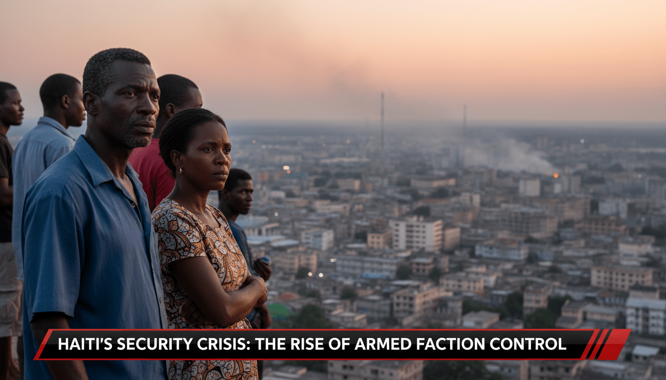 A cinematic, photorealistic editorial news shot from a medium-wide angle. The scene depicts a group of Afro-Haitian civilians, including a concerned man and woman, standing on a high-vantage point overlooking the sprawling, dense urban landscape of Port-au-Prince under a hazy, late-afternoon sky. In the far distance, thin plumes of smoke rise from the city streets, suggesting a state of unrest and chaos without depicting direct conflict. The mood is solemn, urgent, and high-stakes. The image features a professional TV news lower-third banner at the bottom. The banner is a high-contrast graphic with a bold, legible sans-serif font. The text on the banner reads exactly: "Haiti's Security Crisis: The Rise of Armed Faction Control". 8k resolution, broadcast journalism style, sharp focus on the subjects with a slightly blurred city background.