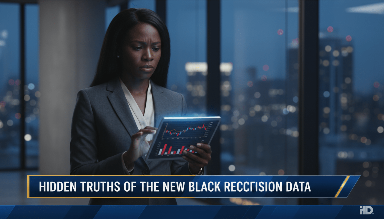 Cinematic, photorealistic editorial news broadcast shot of a concerned African American female professional in a business suit, looking at a digital tablet displaying economic graphs in a modern office setting. The mood is somber and serious. In the lower third of the frame, there is a professional, high-contrast TV news graphics banner. The text on the banner is bold, legible, and reads exactly: "Hidden Truths of the New Black Recession Data". Shallow depth of field with a blurred city skyline in the background, 8k resolution, high-end broadcast television aesthetic.
