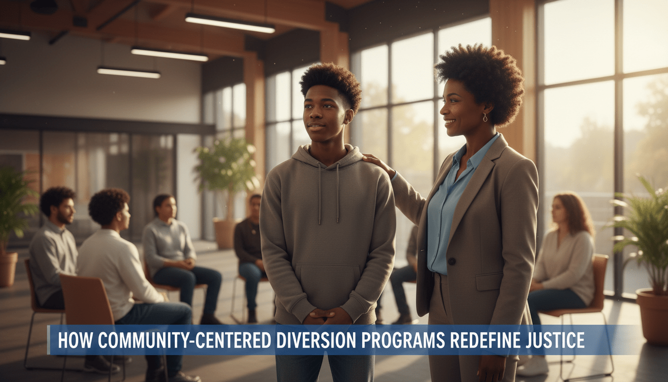 Editorial-style news broadcast illustration. A cinematic, photorealistic scene featuring a professional African American woman acting as a community mentor, speaking warmly and supportively to a young African American man in a sunlit, modern community center. In the blurred background, other community members participate in a restorative justice circle. The mood is one of healing and progress. A professional TV-news style lower-third banner is across the bottom with high-contrast, bold lettering that reads: "How Community-Centered Diversion Programs Redefine Justice".