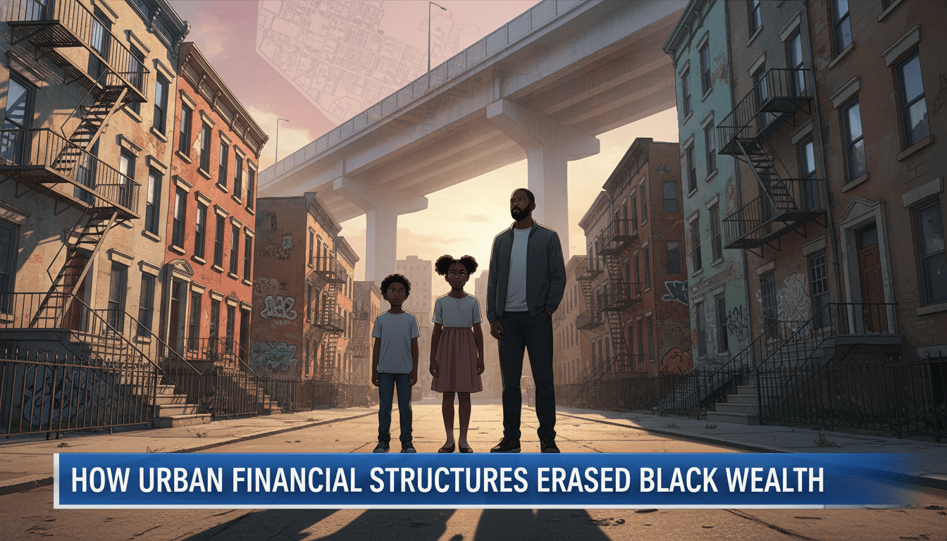 Cinematic, photorealistic editorial illustration of an African American family standing on the sidewalk of a vibrant but aging urban neighborhood. In the background, a ghostly, semi-transparent architectural overlay of a massive concrete highway overpass and a red-shaded vintage city map looms over the houses, symbolizing structural barriers. The lighting is dramatic, with a somber and reflective mood, shot in a professional news broadcast style. At the bottom of the frame, there is a bold, high-contrast TV-news lower-third banner in blue and white. The banner features crisp, legible text that reads exactly: "How Urban Financial Structures Erased Black Wealth"