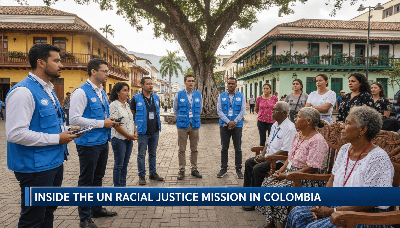 Editorial, photorealistic wide shot of a professional United Nations delegation wearing official blue identification vests meeting with a group of Afro-Colombian community elders and residents in a vibrant urban plaza in Cali, Colombia. The atmosphere is solemn and investigative, capturing a moment of dialogue and listening. The background features colorful colonial-style buildings and lush tropical foliage under soft, cinematic morning light. The image is framed as a high-quality news broadcast still. At the bottom of the frame, a sleek, professional TV news lower-third graphic banner in deep blue and white features bold, high-contrast white sans-serif text that reads exactly: "Inside the UN Racial Justice Mission in Colombia".