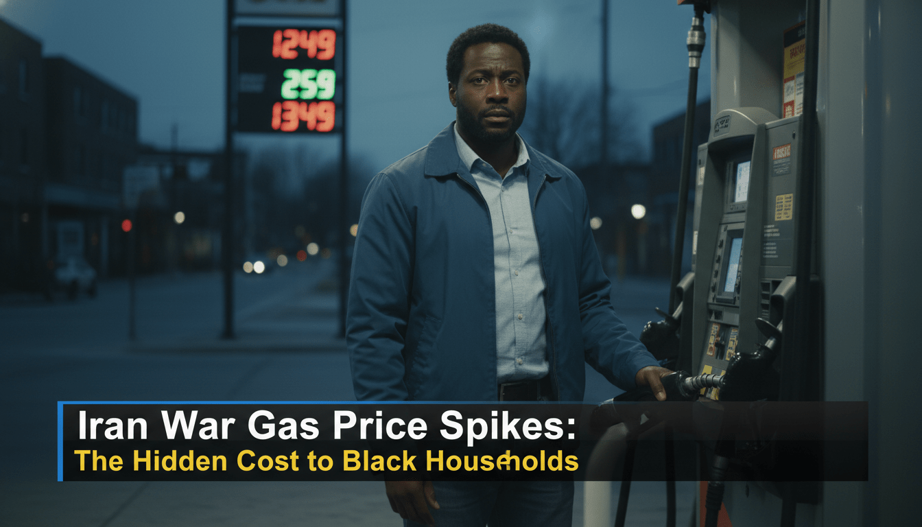 A cinematic, photorealistic editorial news broadcast still of an African American man in his late 30s standing at a gas pump in a city neighborhood, looking concerned as he holds the fuel nozzle. In the background, a blurred gas station sign shows high fuel prices under a dim evening sky. The image is framed as a high-quality news segment. Across the bottom of the frame is a bold, professional TV news lower-third banner with high-contrast text. The text on the banner reads exactly: "Iran War Gas Price Spikes: The Hidden Cost to Black Households". The overall mood is somber and serious. 8k, sharp focus, editorial photography style.