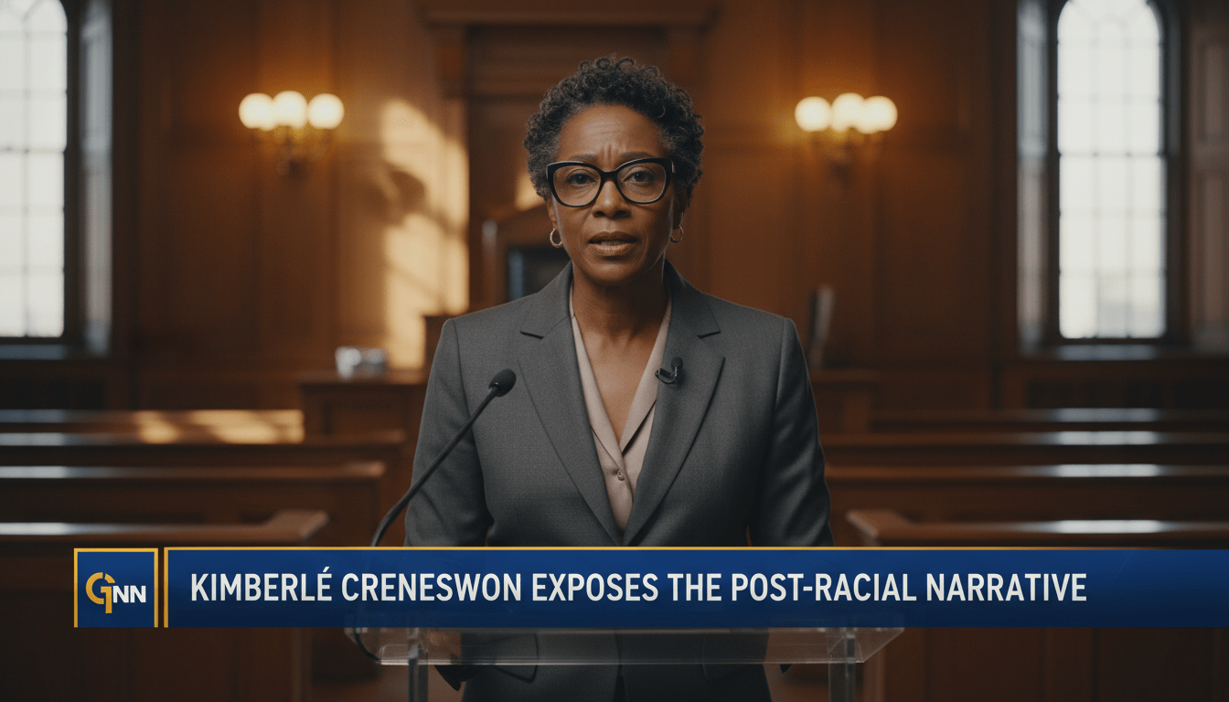 A cinematic, photorealistic news broadcast still featuring a distinguished African American female legal scholar in her 60s with a serious and articulate expression. She is wearing professional business attire and glasses, standing behind a modern glass podium in a grand, wood-paneled hall that evokes a sense of legal authority and history. In the background, there is a soft-focus, dignified courtroom setting with warm, dramatic lighting. The framing is a professional medium-shot, typical of a high-end news report. Across the bottom of the screen is a bold, high-contrast TV news lower-third banner in deep blue and gold. The banner features the exact text in a clean, white, bold sans-serif font: "Kimberlé Crenshaw Exposes the Post-Racial Narrative". 8k resolution, editorial photography style.