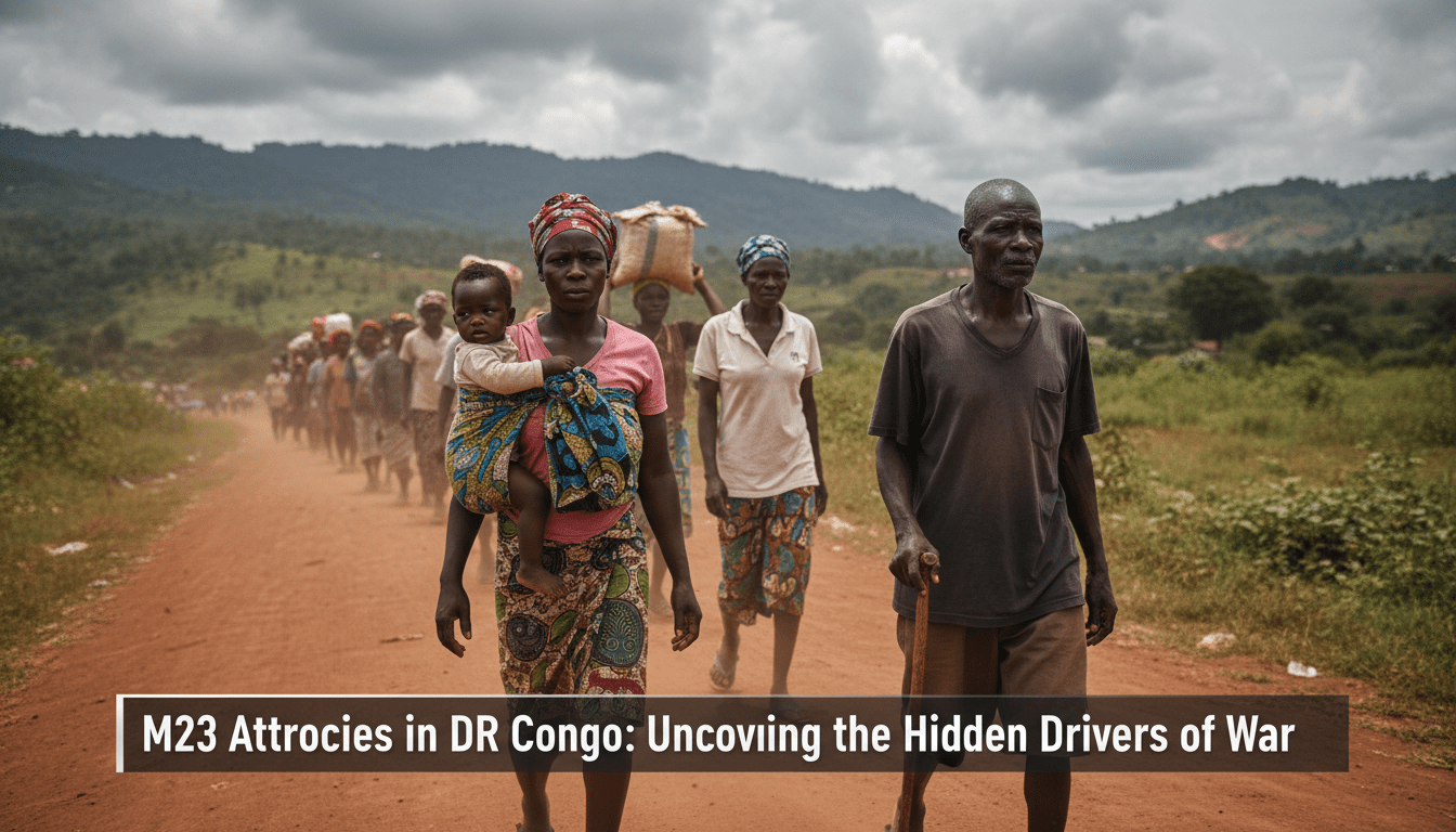A cinematic, photorealistic editorial news photograph capturing the humanitarian landscape of the eastern Democratic Republic of Congo. In the foreground, a group of Congolese civilians, including a resilient-looking African woman and an elderly man, walk along a dusty red clay road carrying their belongings in colorful fabric bundles. The background features the dramatic, lush green rolling hills of the South Kivu region near Lake Tanganyika under a somber, overcast sky. The lighting is naturalistic and moody, conveying a sense of gravity and urgency. At the bottom of the frame, a professional high-contrast TV news lower-third banner is overlaid with bold, legible white text on a dark translucent graphic that reads exactly: "M23 Atrocities in DR Congo: Uncovering the Hidden Drivers of War"