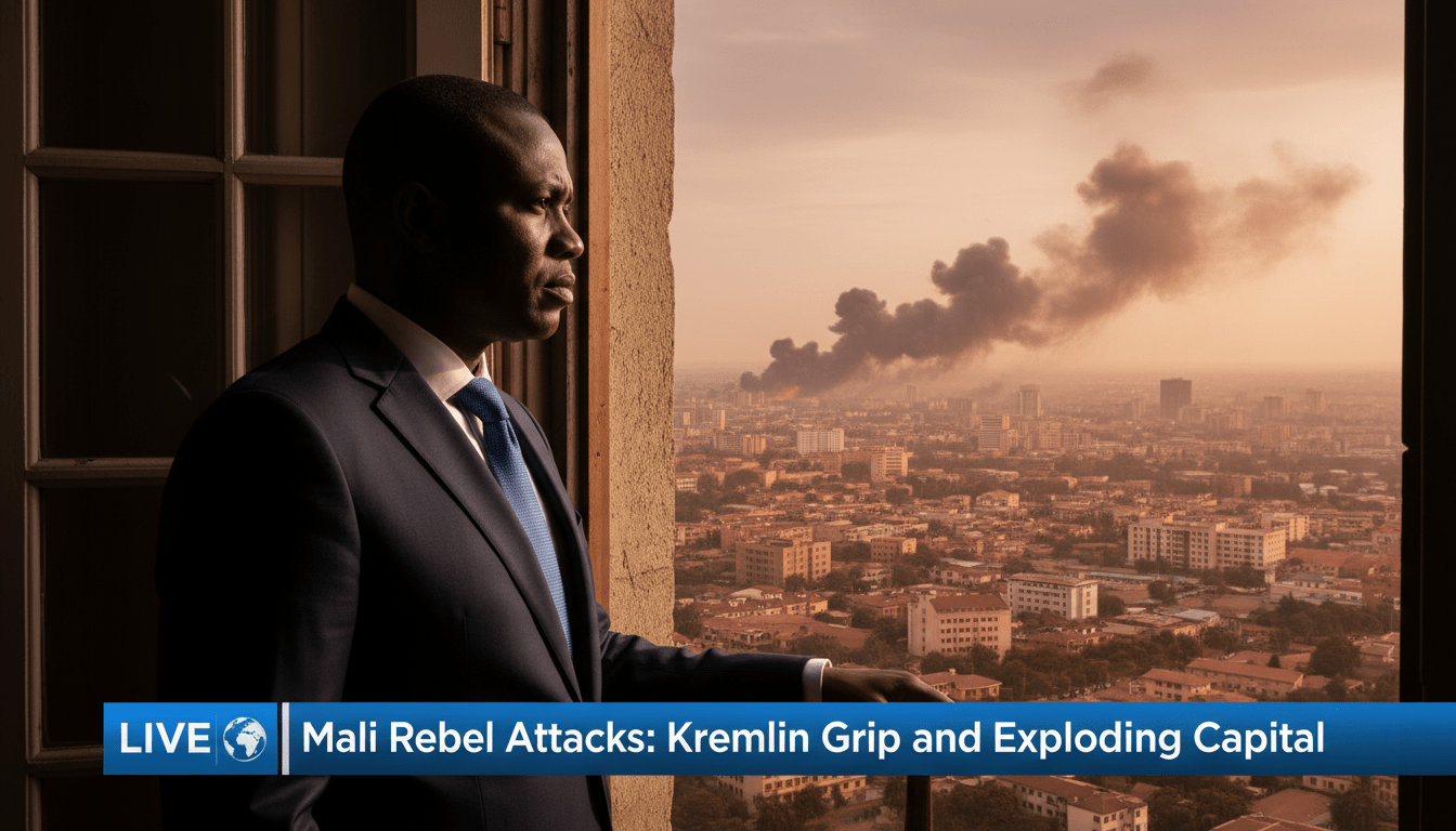 A cinematic, photorealistic editorial news shot of a solemn West African man in professional attire looking out a window at the skyline of a sprawling West African city at dawn. In the distance, thick plumes of dark gray smoke rise into a hazy, dust-filled sky, illuminated by the orange glow of the rising sun, suggesting a city in crisis. The mood is tense and somber. The lighting is dramatic, with deep shadows and high-contrast details reflecting a high-stakes news broadcast. At the bottom of the frame, there is a sharp, professional TV news lower-third banner in high-contrast blue and white. The banner features bold, legible text that reads: "Mali Rebel Attacks: Kremlin Grip and Exploding Capital". 8k resolution, news agency style.