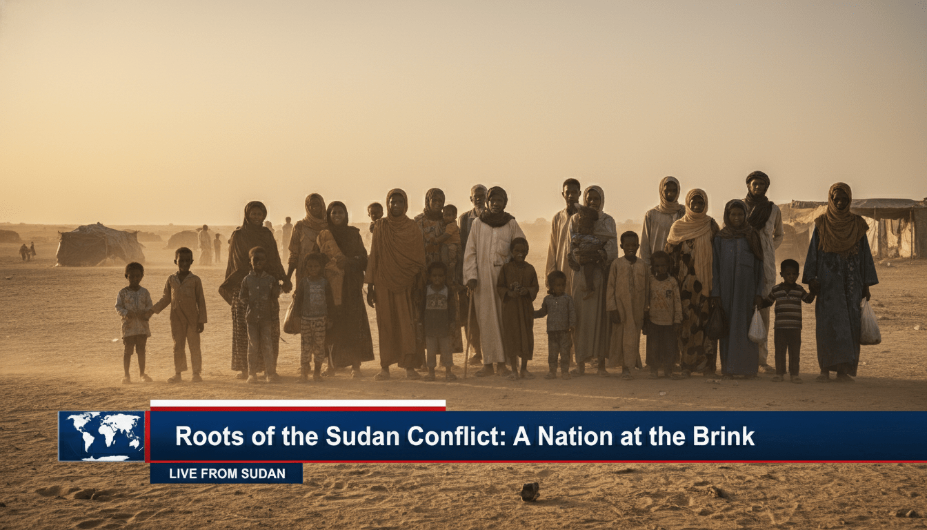 A cinematic and photorealistic editorial news photograph capturing the humanitarian scale of the crisis in Sudan. The scene features a group of Sudanese civilians, including families and elderly individuals, standing in a vast, sun-drenched, dusty landscape that suggests a transit point for displaced people. The lighting is a dramatic golden hour glow, highlighting the textures of their clothing and the hazy, atmospheric horizon. The framing is a professional news broadcast style with a shallow depth of field. At the bottom of the frame, there is a bold, high-contrast TV news lower-third banner with professional graphics. The text on the banner is sharp and legible, reading exactly: "Roots of the Sudan Conflict: A Nation at the Brink".