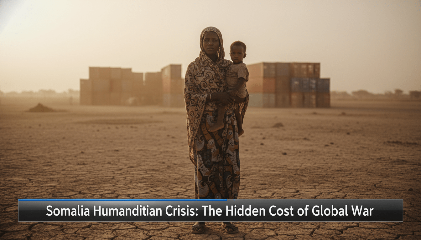 A cinematic, photorealistic editorial image in a news broadcast style. The scene depicts a Somali mother and her small child standing in a vast, arid East African landscape under a hazy, sun-drenched sky. The ground is parched and cracked, reflecting the severity of the drought. In the soft-focus background, the faint silhouettes of massive industrial shipping containers are visible, symbolizing the global supply chain. The lighting is somber and dramatic, capturing a mood of urgent humanitarian concern. Across the bottom of the image is a professional, high-contrast TV news lower-third graphic banner. The banner is bold and legible, featuring crisp white text on a sleek, modern background that reads exactly: "Somalia Humanitarian Crisis: The Hidden Cost of Global War"