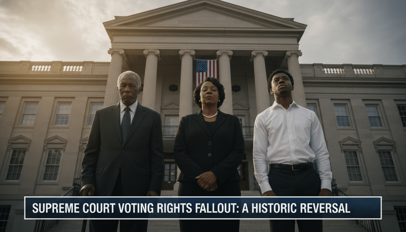 A cinematic, photorealistic editorial news shot of a multi-generational African American family—an elderly man, a middle-aged woman, and a young man—standing in front of a grand, white-pillared Southern courthouse. Their expressions are somber and reflective, conveying a sense of historic gravity. The lighting is dramatic, with soft sunlight breaking through a cloudy sky, emphasizing the textures of the architecture and the seriousness of the moment. The camera framing is wide, following professional news broadcast standards. At the bottom of the frame, there is a bold, high-contrast TV news lower-third banner with a dark, modern finish. The banner features clear, legible white text that reads: "Supreme Court Voting Rights Fallout: A Historic Reversal".