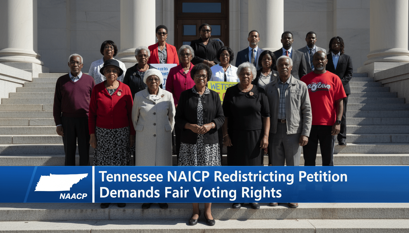 A cinematic, photorealistic editorial-style news broadcast still. The scene features a diverse group of African American community members, including elderly voters and young adults, standing together with dignified and determined expressions on the steps of a grand stone courthouse. The lighting is bright and professional, resembling a mid-day news report. In the lower third of the frame, there is a sleek, high-contrast professional TV news banner with a blue and white color scheme. The banner contains bold, highly legible text that reads exactly: "Tennessee NAACP Redistricting Petition Demands Fair Voting Rights".