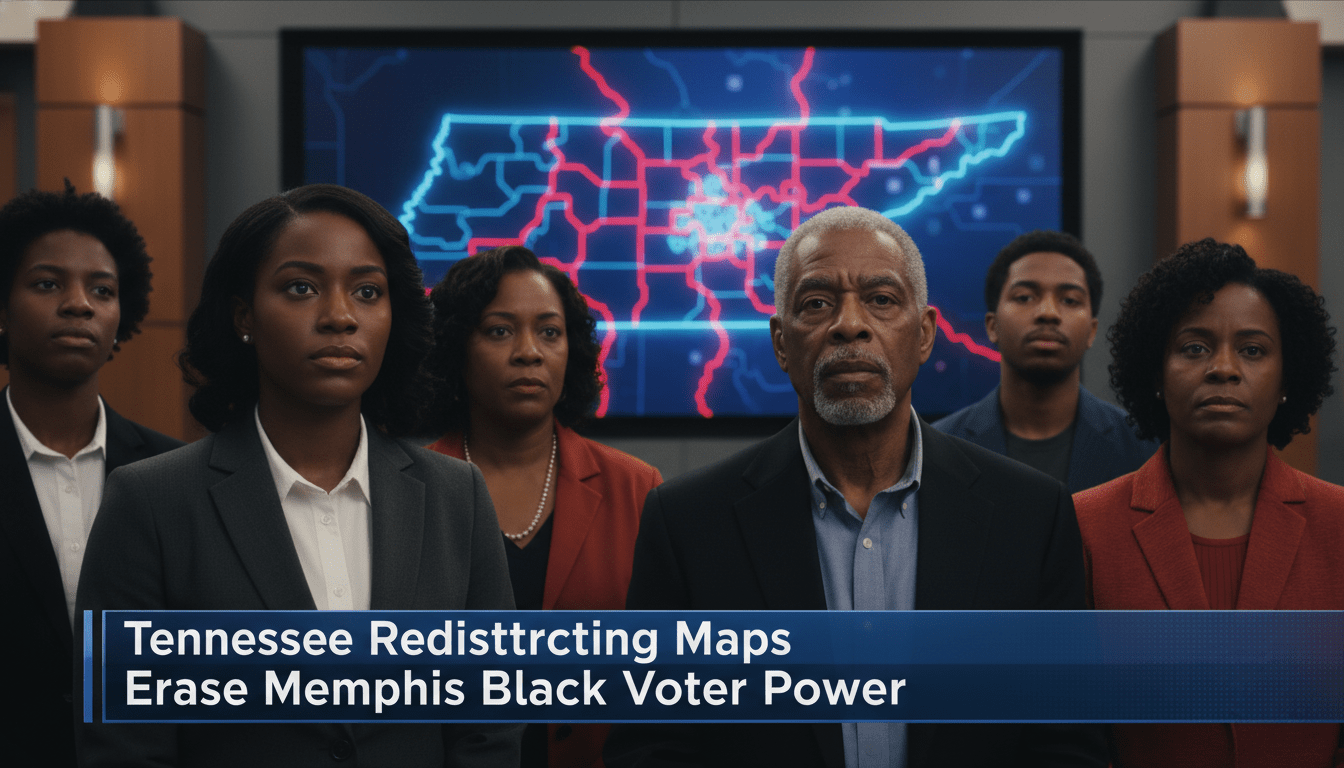 A cinematic, photorealistic editorial scene representing the African American community in Memphis, Tennessee. In the foreground, a multi-generational group of Black voters—including a young professional woman and a senior man—stand together with expressions of concern and resolve. Behind them, a large, glowing digital display shows a map of Tennessee being intersected by sharp, redrawn district lines. The setting is a professional community center with high-contrast, news-style lighting. At the bottom of the frame, a bold, high-contrast TV news lower-third banner features crisp white text on a professional broadcast graphic background, reading exactly: "Tennessee Redistricting Maps Erase Memphis Black Voter Power". The framing is a medium-wide shot, 8k resolution, editorial news broadcast aesthetic.