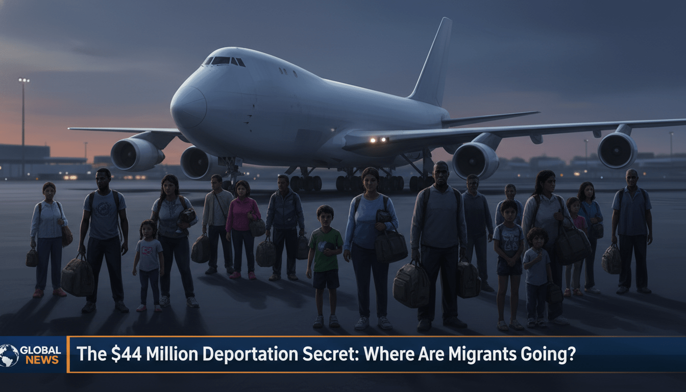 A high-quality, cinematic editorial news illustration showing a group of diverse migrants, including Latino families and individuals from the Black diaspora, standing together on a dark airport tarmac at dusk. Behind them is a large, unmarked white aircraft with its lights glowing, suggesting a secretive departure. The scene is shot with a professional telephoto lens, creating a shallow depth of field, with a somber and uncertain mood. Across the bottom of the frame is a professional TV news lower-third graphic with a bold, high-contrast design. The text on the banner reads exactly: "The $44 Million Deportation Secret: Where Are Migrants Going?"