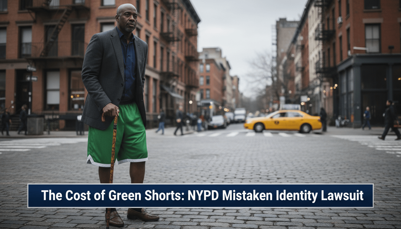 A cinematic, photorealistic editorial news photograph of a dignified African American man in his mid-40s standing on a Brooklyn street corner. He has a solemn expression and is leaning on a walking cane for support. He is wearing a pair of bright green shorts which are a focal point of the image. The background features a soft-focus urban setting with brownstone buildings and city life. The lighting is dramatic and somber, resembling a news documentary style. At the bottom of the image, there is a bold, high-contrast TV-news style lower-third banner in navy blue and silver. The text on the banner is high-contrast white and reads exactly: "The Cost of Green Shorts: NYPD Mistaken Identity Lawsuit".