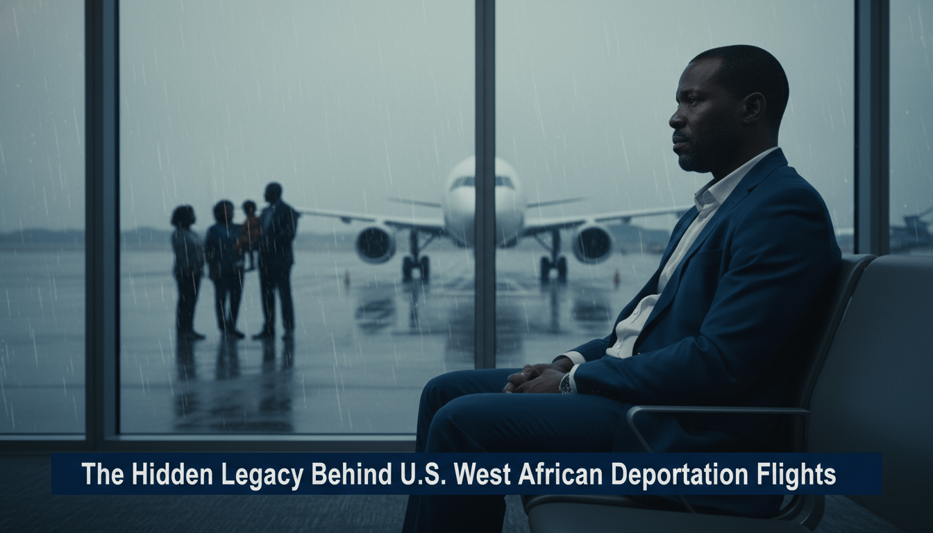 Cinematic, photorealistic editorial photograph from a news broadcast perspective. The scene features a somber West African man in his late 40s sitting in a modern airport terminal at dusk, looking out a large glass window at a commercial airplane positioned on a rainy tarmac. The lighting is moody and reflective, capturing the emotional weight of a forced journey. In the background, a blurred silhouette of a diverse African American family stands in a waiting area, representing the community left behind. The image features a shallow depth of field with high-quality textures. At the bottom of the frame, there is a professional, high-contrast TV news lower-third banner in navy blue and white. The bold, white text on the banner reads exactly: "The Hidden Legacy Behind U.S. West African Deportation Flights".