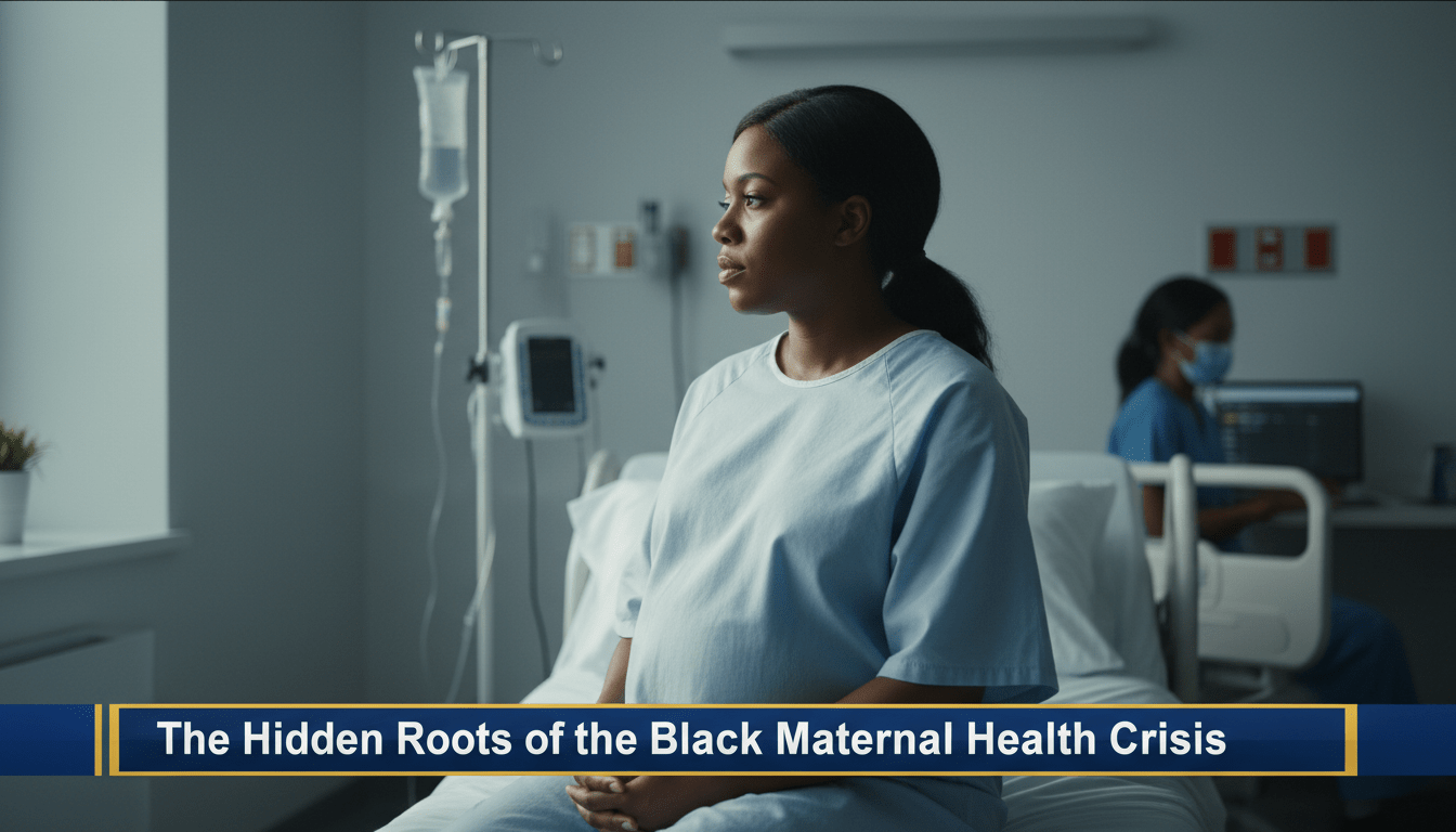 A cinematic, photorealistic news broadcast still featuring a poignant scene of a pregnant African American woman sitting on the edge of a modern hospital bed, looking thoughtfully toward a window with a serious and pensive expression. The lighting is editorial and dramatic, with soft sunlight hitting her face while the rest of the room remains in professional, soft-focus clinical tones. In the blurred background, a medical professional in scrubs is seen checking a monitor. At the bottom of the frame, a professional TV news lower-third banner in high-contrast navy blue and gold features bold, white legible text that reads exactly: "The Hidden Roots of the Black Maternal Health Crisis". The overall image quality is 8k, sharp focus on the subject, captured in a 16:9 news-style aspect ratio.