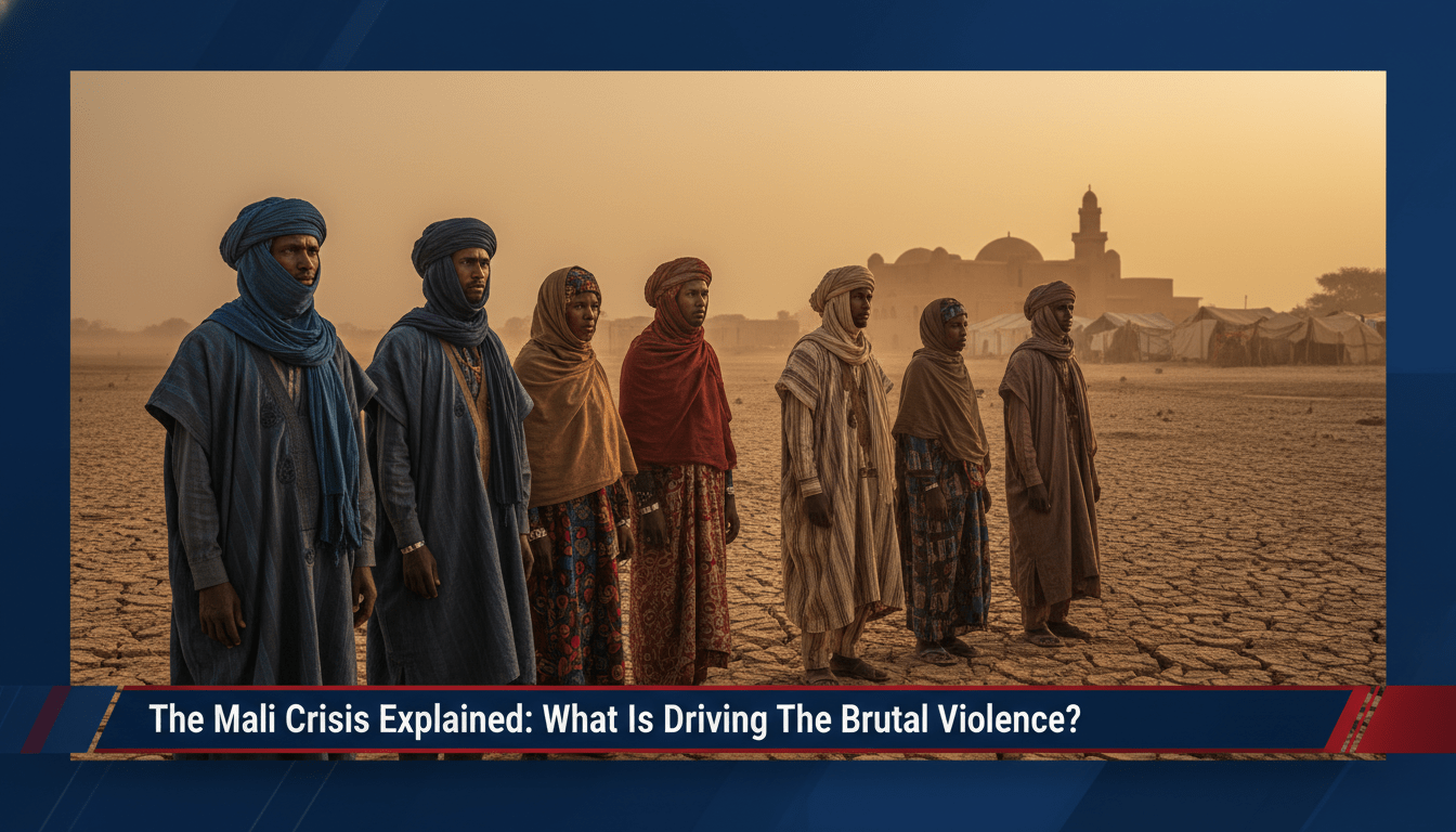 Cinematic, editorial-style news broadcast image. A group of West African men and women in traditional Malian attire, including Fulani and Tuareg-style garments, stand in a vast, arid Sahel landscape under a hazy, golden sky. The earth is dry and cracked, reflecting environmental challenges. The people have serious, resilient expressions, looking off-camera. In the background, a distant silhouette of a traditional mud-brick structure and a temporary shelter are visible. The image is professionally framed for a TV news segment. At the bottom of the screen is a bold, high-contrast digital lower-third banner with sharp white text on a professional navy and crimson news graphic background. The banner reads exactly: "The Mali Crisis Explained: What Is Driving The Brutal Violence?".