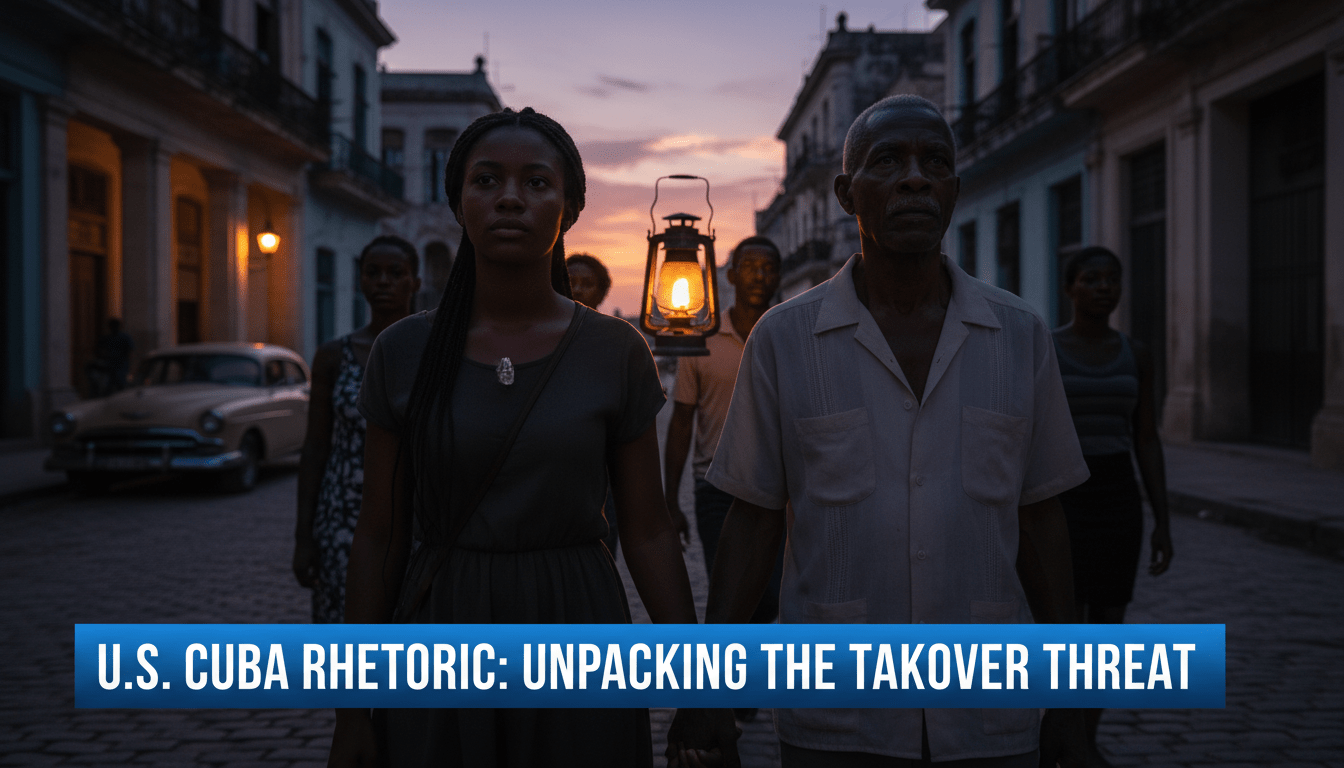 Cinematic, photorealistic editorial news shot. A group of Afro-Cuban citizens, including a young woman and an elderly man, are gathered on a historic, weathered street in Havana during a somber twilight. The scene is lit by the warm, dim glow of a single lantern, reflecting the atmosphere of an energy crisis. Their expressions are serious and contemplative as they look toward the horizon. The background shows the iconic architecture of the Caribbean. In the lower third of the frame, there is a professional, high-contrast TV news banner with bold, legible text that reads exactly: "U.S. Cuba Rhetoric: Unpacking the Takeover Threat". The image has the sharp focus and shallow depth of field of a high-end broadcast journalism still.
