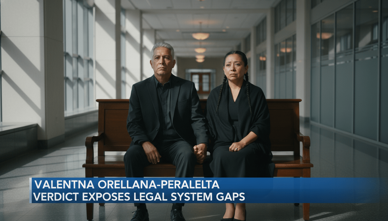 Cinematic, photorealistic editorial news photograph. A somber Latino family—a grieving mother and father—seated on a wooden bench in the hallway of a modern, prestigious courthouse. They are holding hands, looking forward with expressions of quiet grief and resilience. The lighting is soft and dramatic, filtering through large windows, creating a high-quality 8k resolution news broadcast aesthetic. At the bottom of the frame, there is a professional, bold TV-news style lower-third banner in high-contrast blue and white. The banner features clean, legible, bold sans-serif text that reads exactly: "Valentina Orellana-Peralta Verdict Exposes Legal System Gaps"