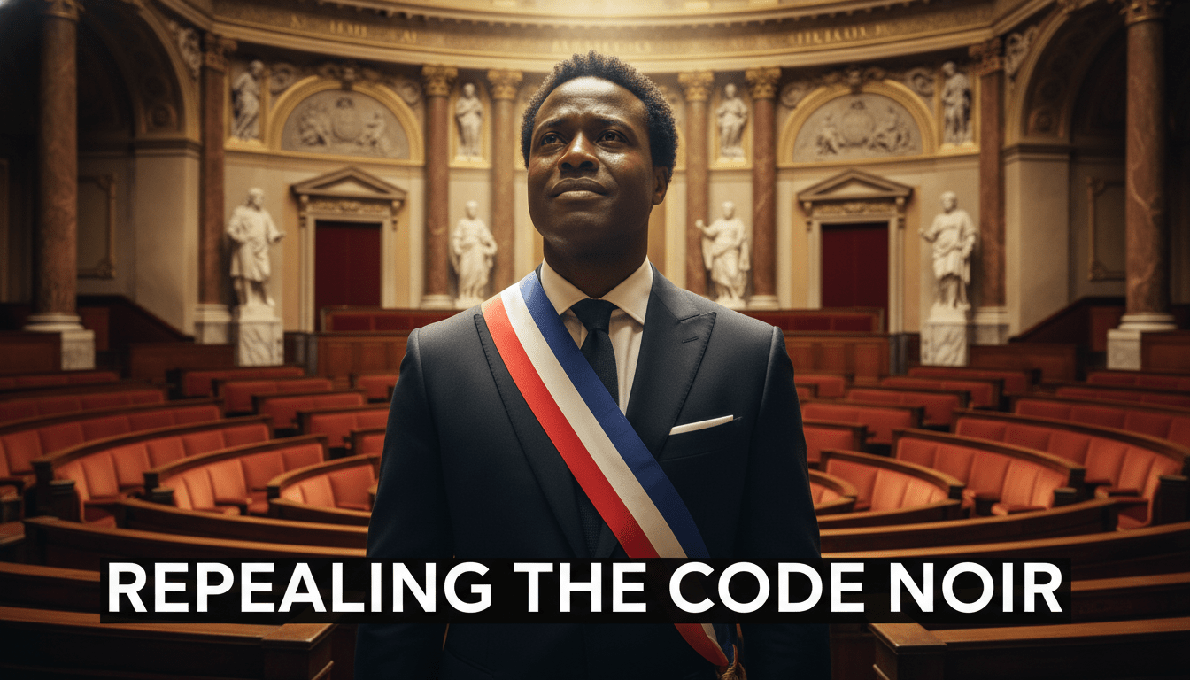 "A cinematic, photorealistic editorial photograph of a solemn Afro-Caribbean French lawmaker standing inside the grand, neoclassical chamber of the French National Assembly. The man, a descendant of enslaved people, is wearing a dark, tailored modern suit and a distinguished French tricolor sash across his shoulder. He has a look of profound, emotional relief with glistening eyes, looking slightly upward toward a warm, dramatic light beam filtering down from the high ceiling. The background features empty, polished mahogany legislative benches and gilded classical architecture with soft, warm lighting, creating an atmosphere of historic justice and reconciliation. In the lower third of the image, the high-impact text 'REPEALING THE CODE NOIR' is displayed in a bold, clean, white sans-serif font with a subtle gold outline and a dark drop shadow for maximum readability and contrast."
