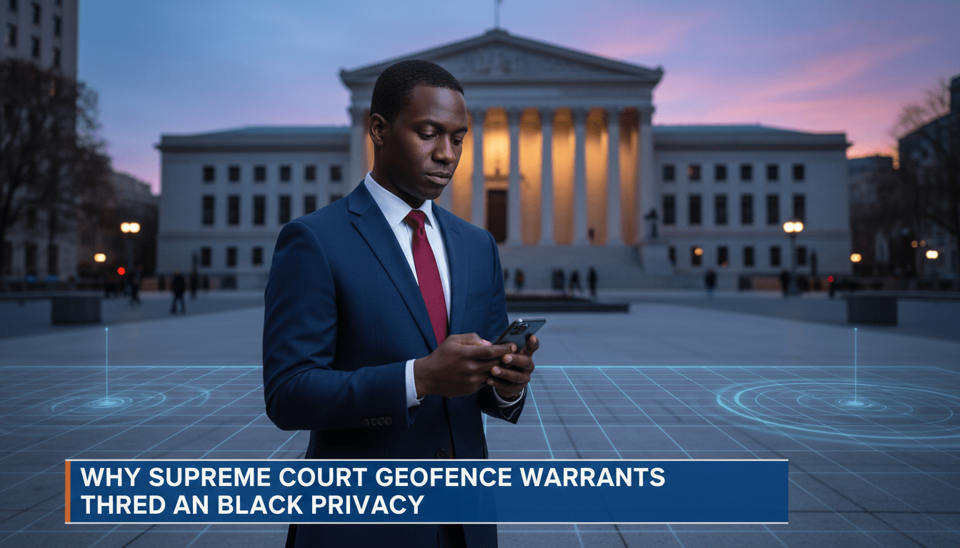 A high-quality, cinematic editorial news photograph of an African American man in professional attire standing in a bustling urban city square at dusk, looking thoughtfully at his smartphone. The screen’s glow reflects on his face, while a subtle, translucent digital map grid with pulsing blue circular pings is overlaid onto the ground and surrounding city streets to represent a geofence. In the soft-focus, blurred background, the neoclassical columns of a high-court building are visible under a dramatic twilight sky. The image features a bold, professional TV-news style lower-third banner in high-contrast blue and white with the exact text: "Why Supreme Court Geofence Warrants Threaten Black Privacy". Photorealistic, 8k resolution, broadcast journalism aesthetic.