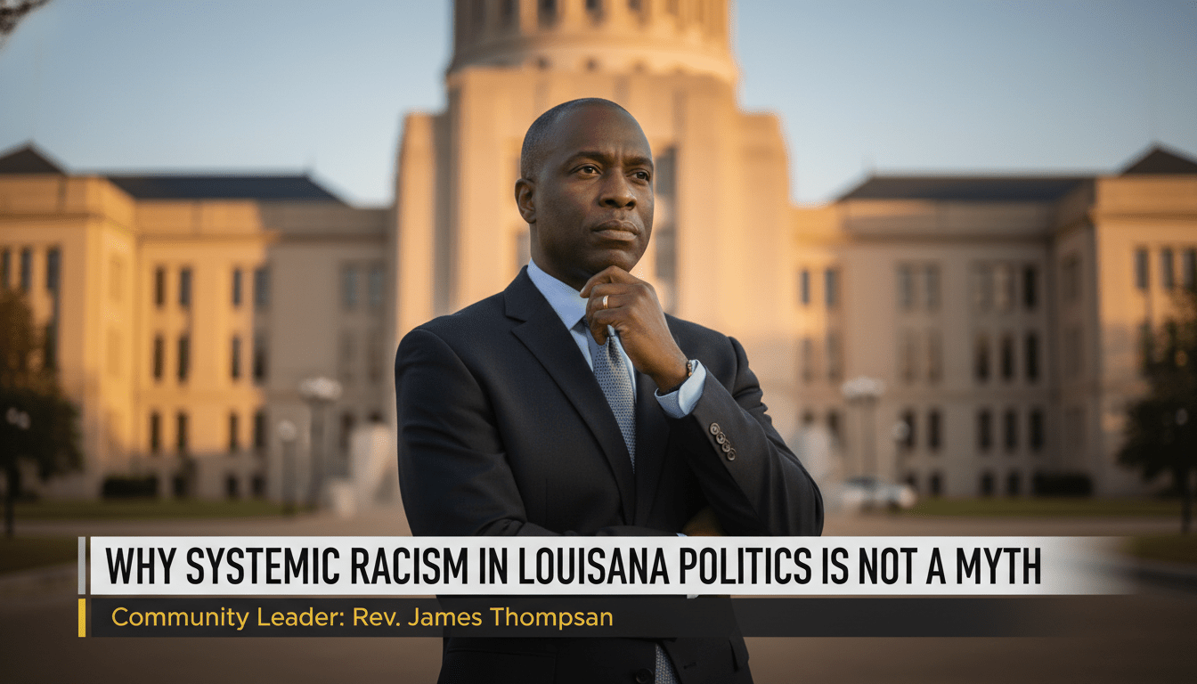 Editorial news photograph of a thoughtful African American community leader in professional attire standing in front of the iconic Art Deco Louisiana State Capitol building in Baton Rouge. The scene is captured in soft, natural light with a shallow depth of field, giving it a cinematic and high-quality broadcast feel. In the lower portion of the frame, there is a sleek, professional television news lower-third banner with bold, high-contrast typography. The text on the banner reads exactly: "Why Systemic Racism in Louisiana Politics Is Not a Myth". The overall mood is serious and contemplative, reflecting a modern political discourse. 8k resolution, photorealistic, editorial style.