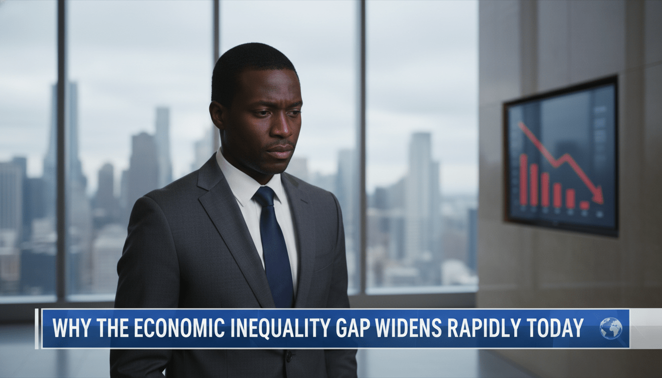 A cinematic, photorealistic editorial-style news shot of a thoughtful African American male professional in a business suit standing in a modern office lobby with large glass windows overlooking a blurred metropolitan skyline. The lighting is soft and serious, reflecting a solemn mood. To his side, a digital screen subtly displays a downward-trending economic bar graph. Across the bottom of the frame is a bold, high-contrast TV news lower-third banner with a sleek blue and white gradient. The text on the banner reads exactly: "Why The Economic Inequality Gap Widens Rapidly Today". The image is captured with a shallow depth of field, 8k resolution, and a professional broadcast journalism aesthetic.
