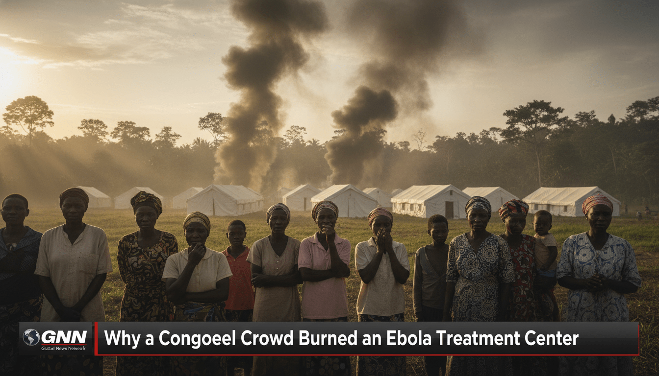A cinematic, photorealistic news broadcast wide-shot of a rural medical clinic in the Democratic Republic of the Congo. In the foreground, a group of Congolese community members, including elders and grieving families, stand together with somber and distressed expressions. In the background, thick plumes of dark smoke rise into the sky from modern white canvas medical tents situated at the edge of a lush tropical forest. The lighting is dramatic and atmospheric, with the golden light of late afternoon filtering through the haze. The image is framed as an editorial news report. At the bottom of the frame, there is a professional, high-contrast TV news lower-third banner. The text on the banner is bold, legible, and reads exactly: "Why a Congolese Crowd Burned an Ebola Treatment Center".