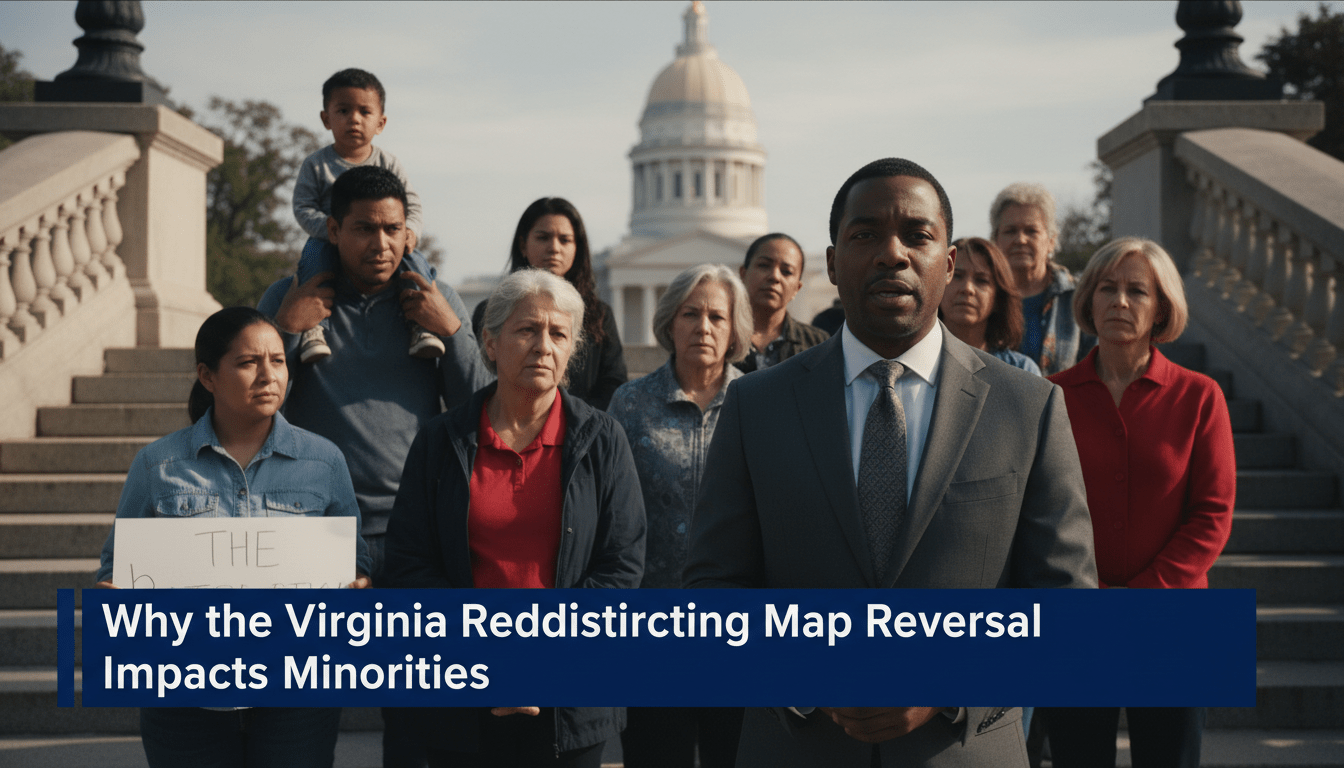Cinematic, photorealistic news broadcast-style medium shot of a diverse group of concerned citizens, including an African American community leader in a professional suit and a multi-generational Latino family, standing on the steps of a historic stone courthouse. The atmosphere is solemn and significant, with the Virginia State Capitol building visible in the soft-focus background. The lighting is natural but dramatic, emphasizing the gravity of the legal decision. In the foreground, a professional TV-news style lower-third graphic banner in high-contrast navy blue and white is overlaid at the bottom of the frame. The text on the banner reads exactly: "Why the Virginia Redistricting Map Reversal Impacts Minorities". The image has the sharp detail and color grading of a high-end 4K news broadcast.